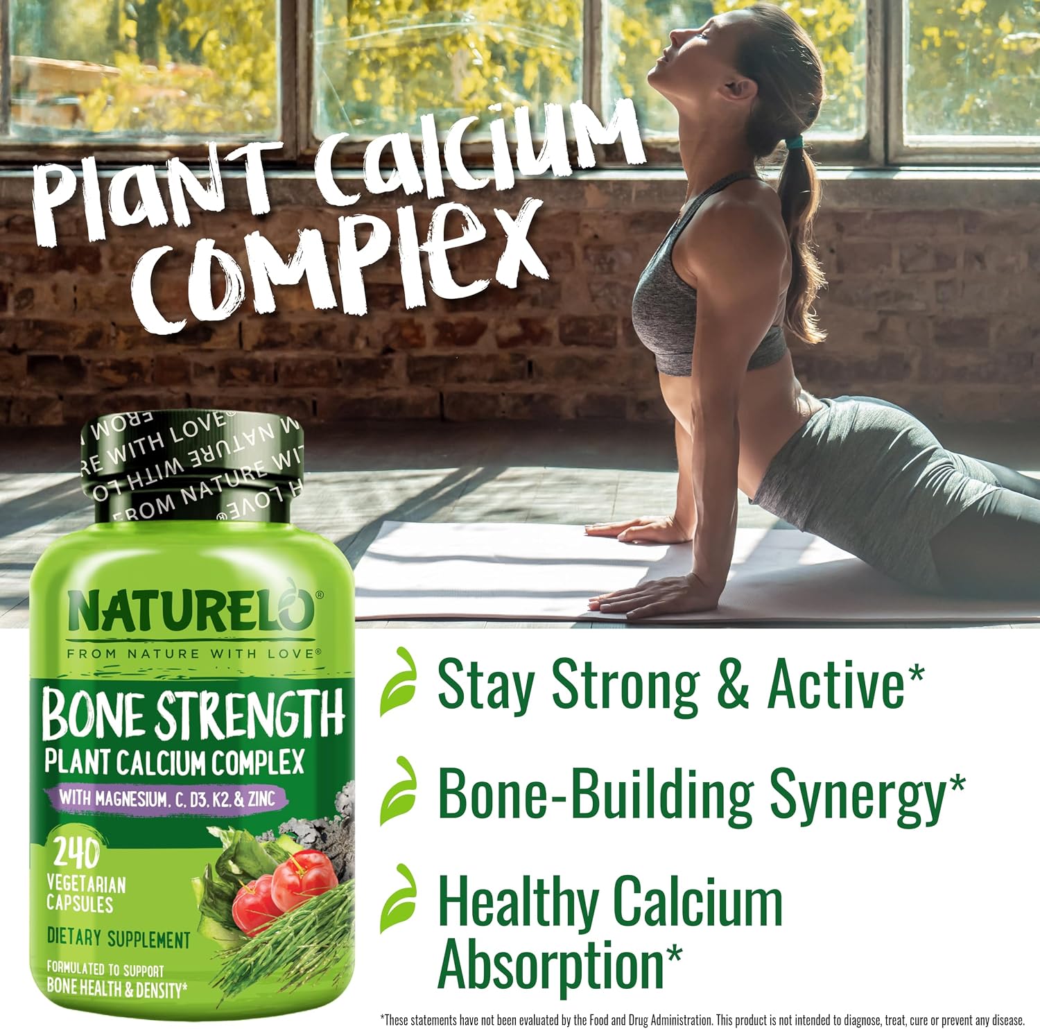 NATURELO Calcium Supplement with Vitamin C, D3, K2, 120 Vegetarian Capsules | Magnesium & Zinc for Bone Strength,Plant-Based Calcium 600mg , Non-GMO, Soy & Gluten-Free