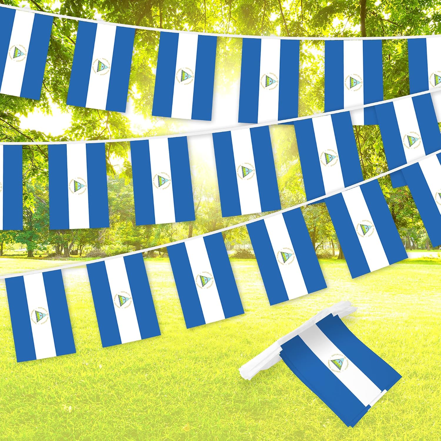 G128 Nicaragua Nicaraguan Bunting Banner | Flag 8.2 x 5.5 Inch, Full String 33 Feet | Printed 150D Polyester, Decorations For Bar, School