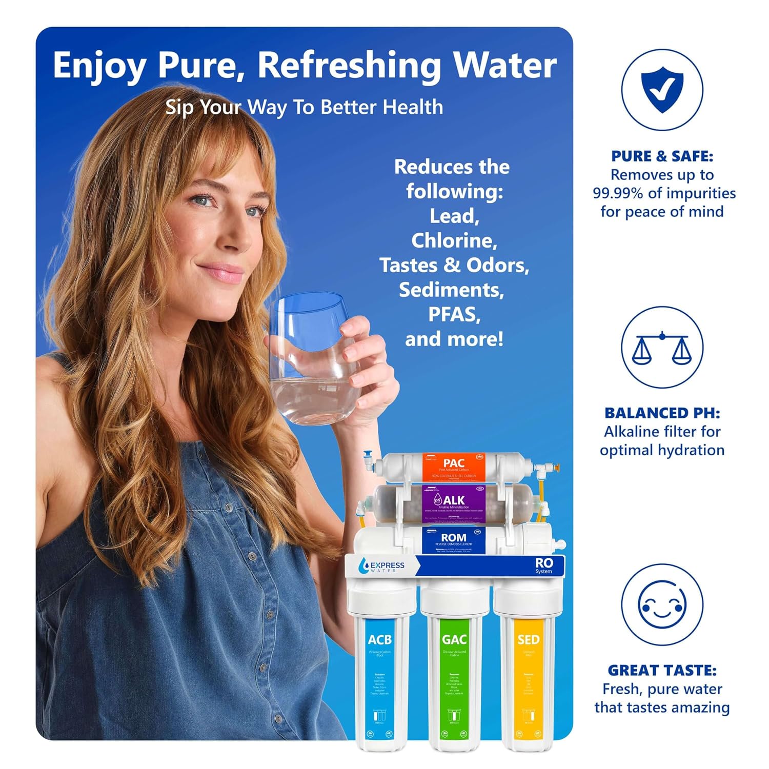 Express Water ROALK5D, 10-Stage Under Sink RO System, Alkaline, 50 GPD | NSF Certified 372, Deluxe Chrome Facuet, Reduces 99% of Impurities, BPA Free, Leak Detection