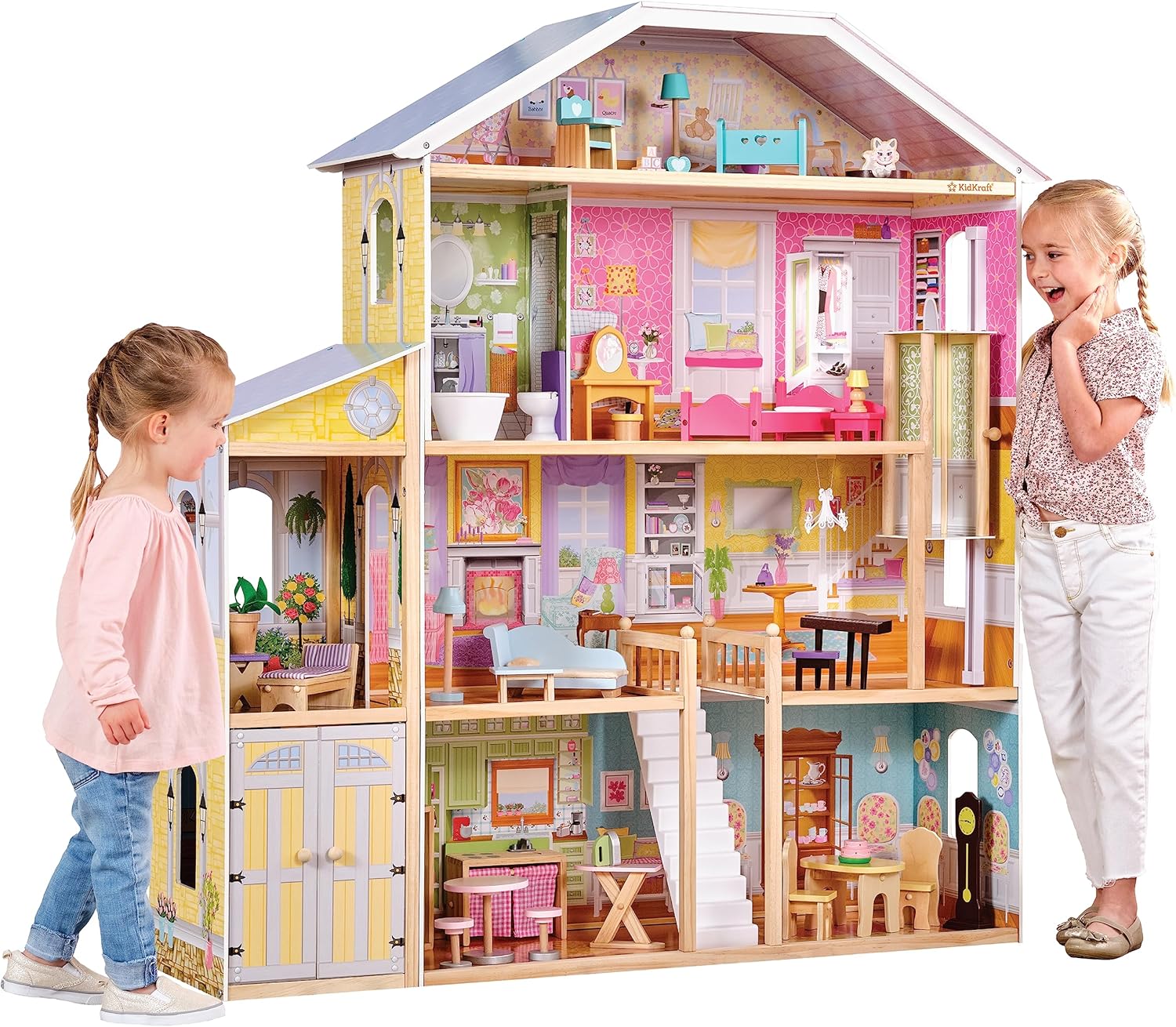 KidKraft Majestic Mansion Wooden Dollhouse with 34 Pieces, Working Elevator | 4 Feet Tall, Garage, 4 Floors, 8 Rooms, Attic Nursery