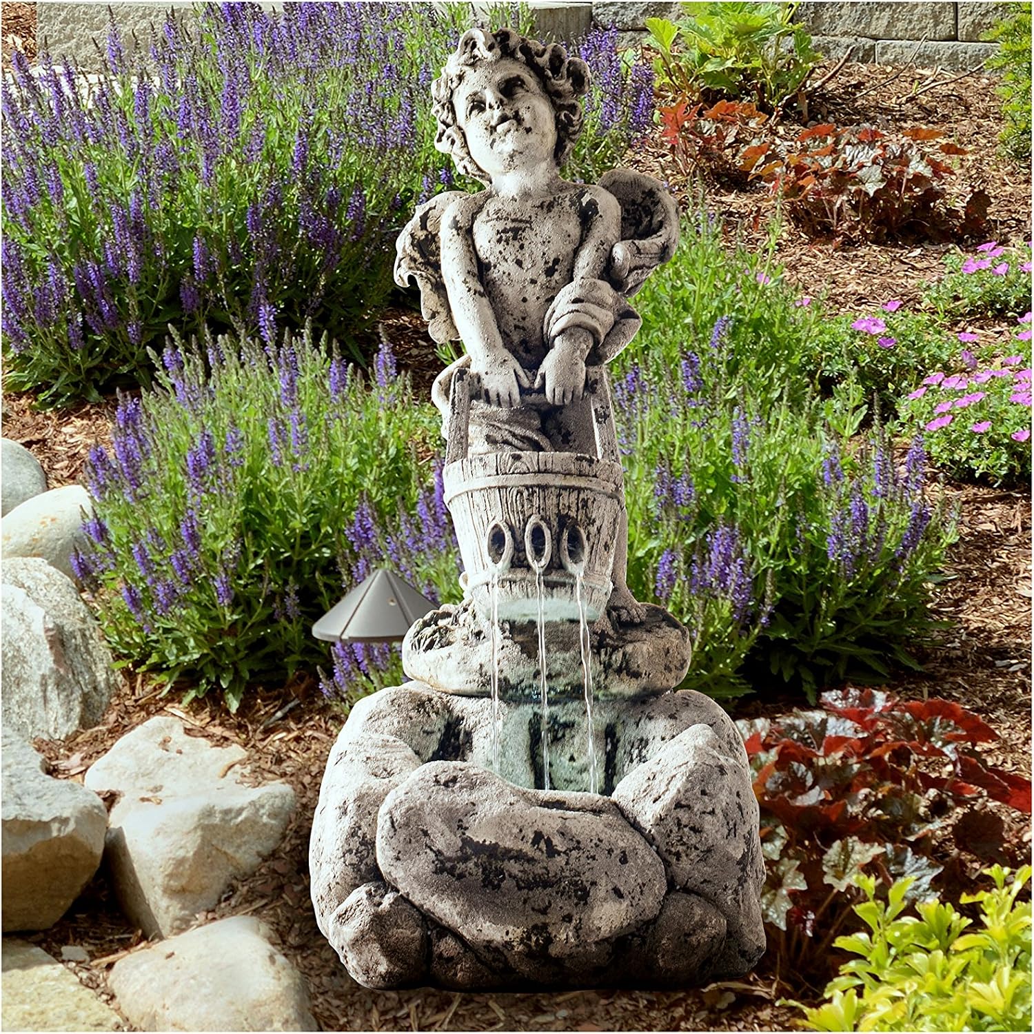 Outdoor Water Fountain With LED Lights, Lighted Cherub Angel Fountain With Antique Stone Design for Decor on Patio
