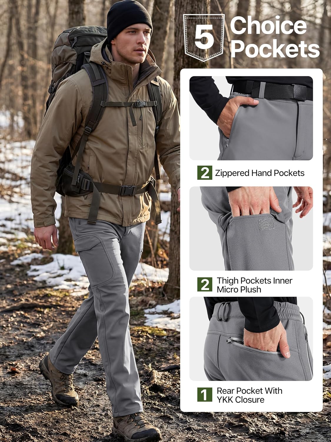 FREE SOLDIER Men's Outdoor Softshell Fleece Lined Cargo Pants | Snow Ski Hiking Pants with Belt, Waterproof Winter Pants, Insulated Work Pants, Breathable Windproof Insulated Pants