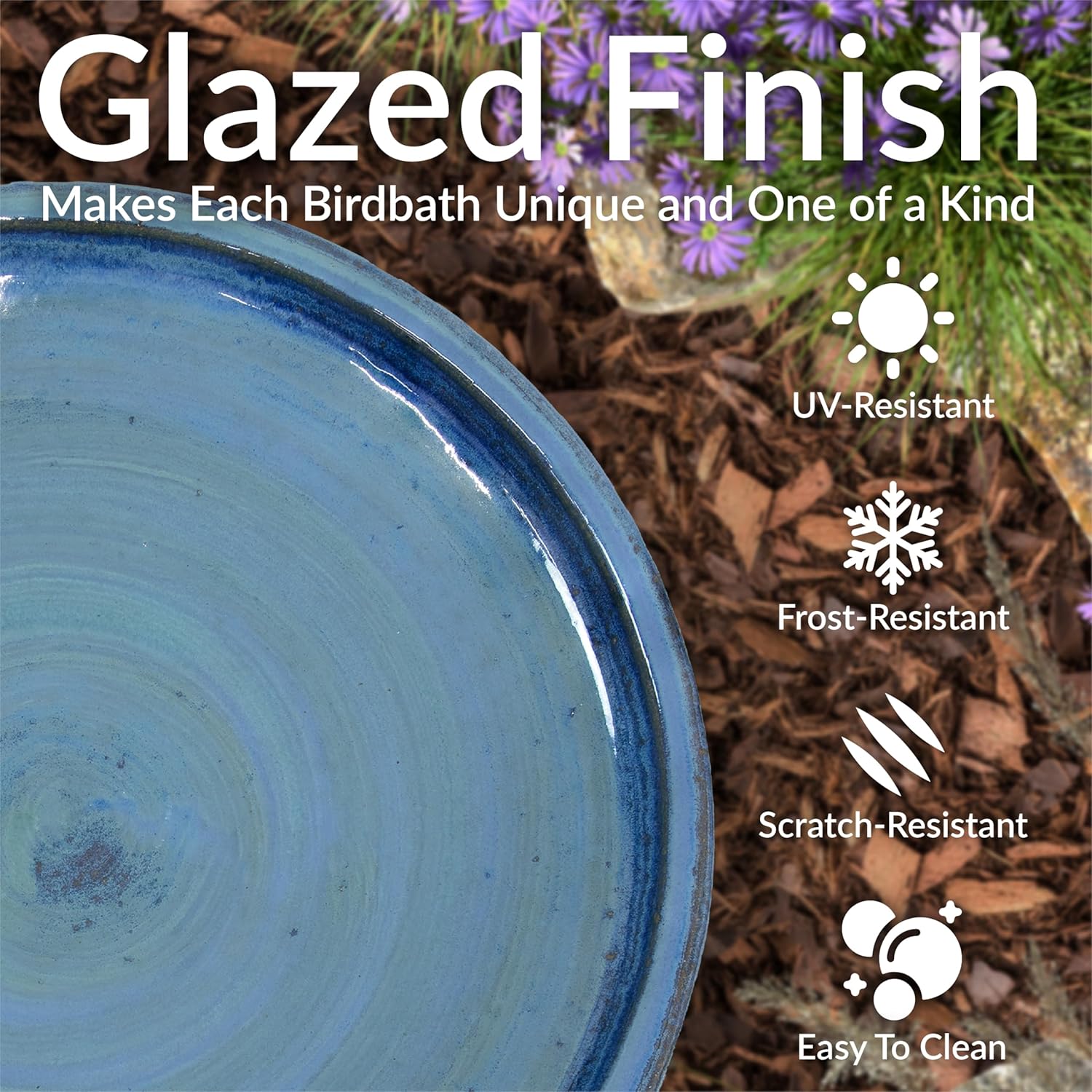 Sunnydaze Ceramic Bird Bath, Weather-Resistant Finish, 21” H, Galaxy Blue