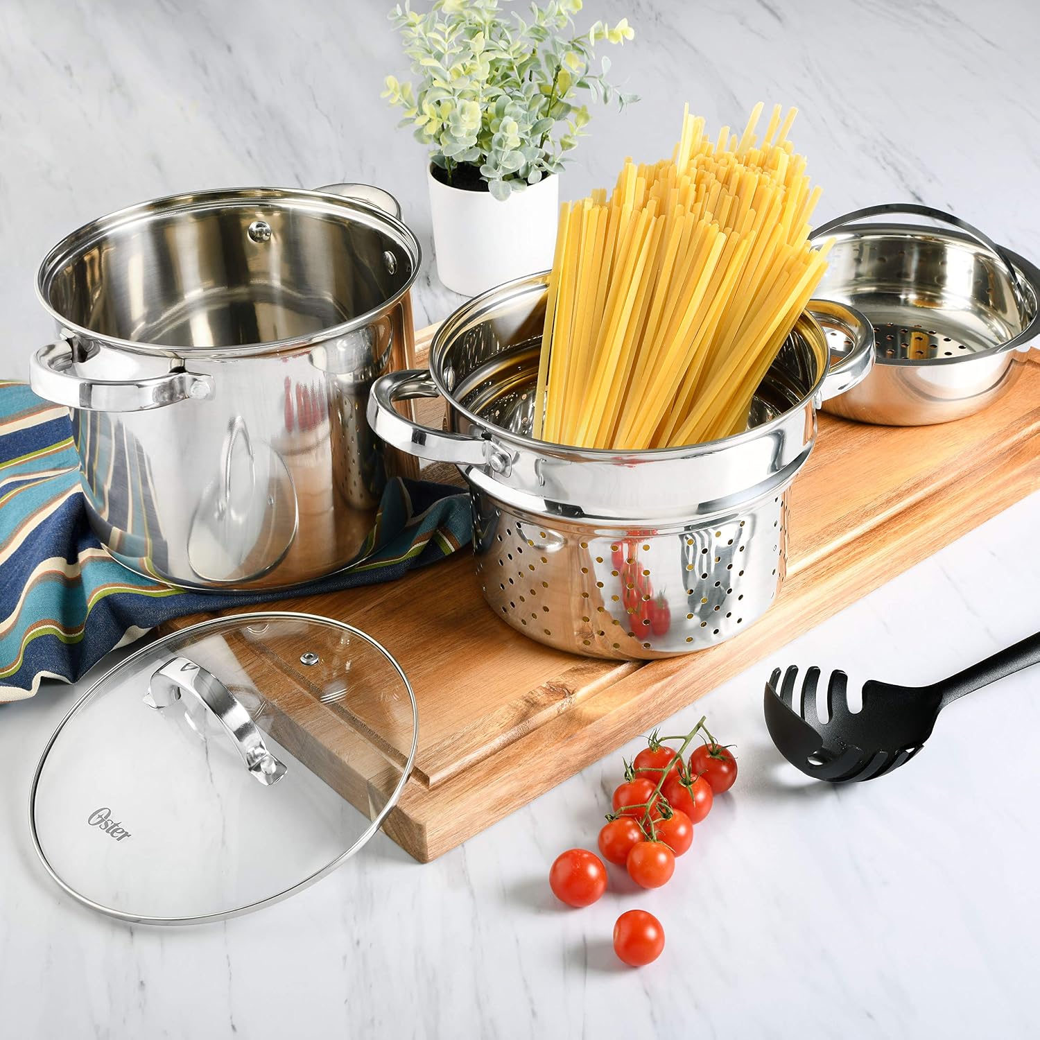 Oster Dutch Oven with Steamer Basket 3-Quart - Sangerfield Stainless Steel, Stovetop Steamer for Vegetables, Rice & Tamales, Dishwasher Safe