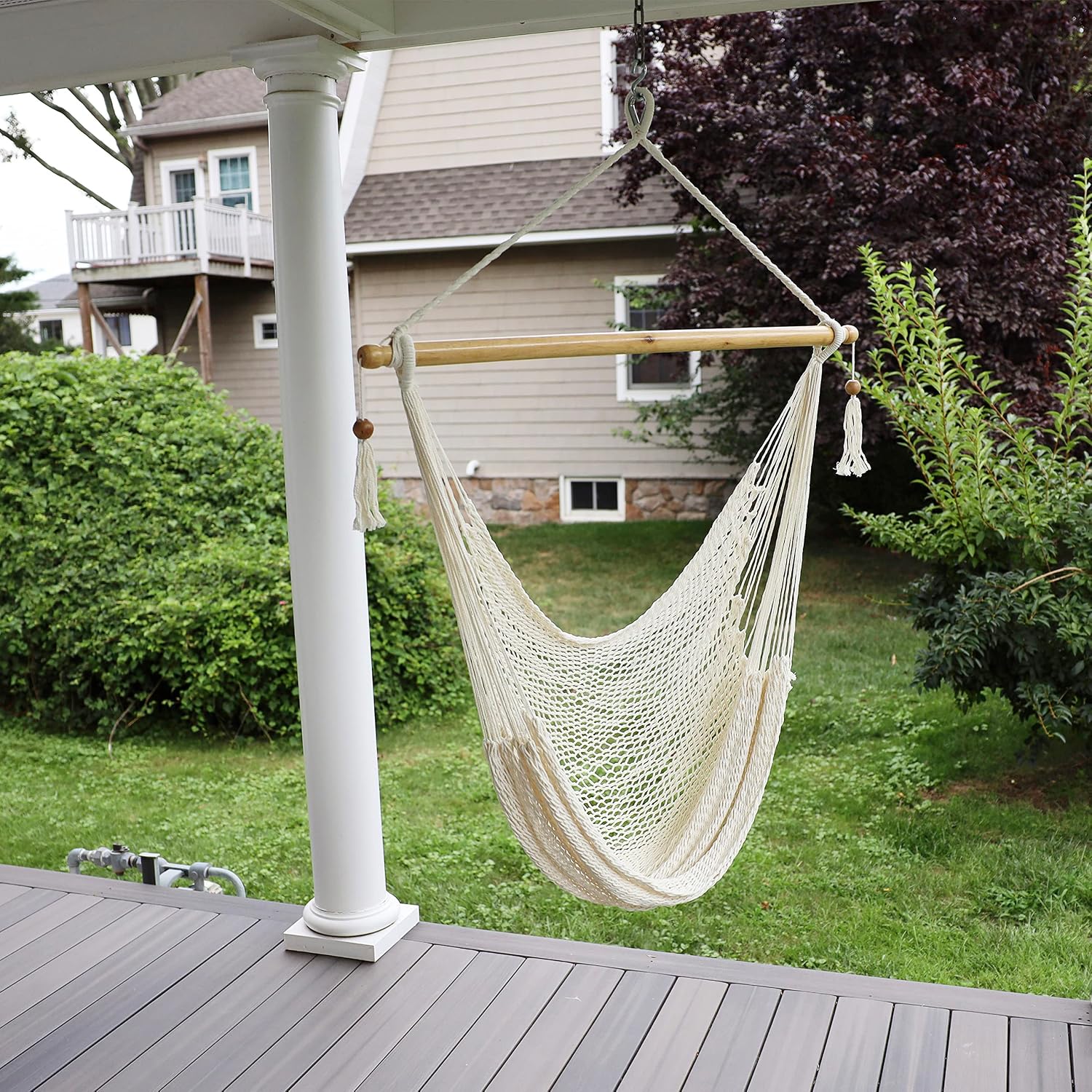 Bliss Hammocks BHC-412NT Island Rope Hammock Chair, Eco Friendly & Hand Woven, Varnish Coated 40 Inch Wood Spreader, Easy to Hang w/Included Hanging Kit, Supports up to 265 pounds, Natural Rope
