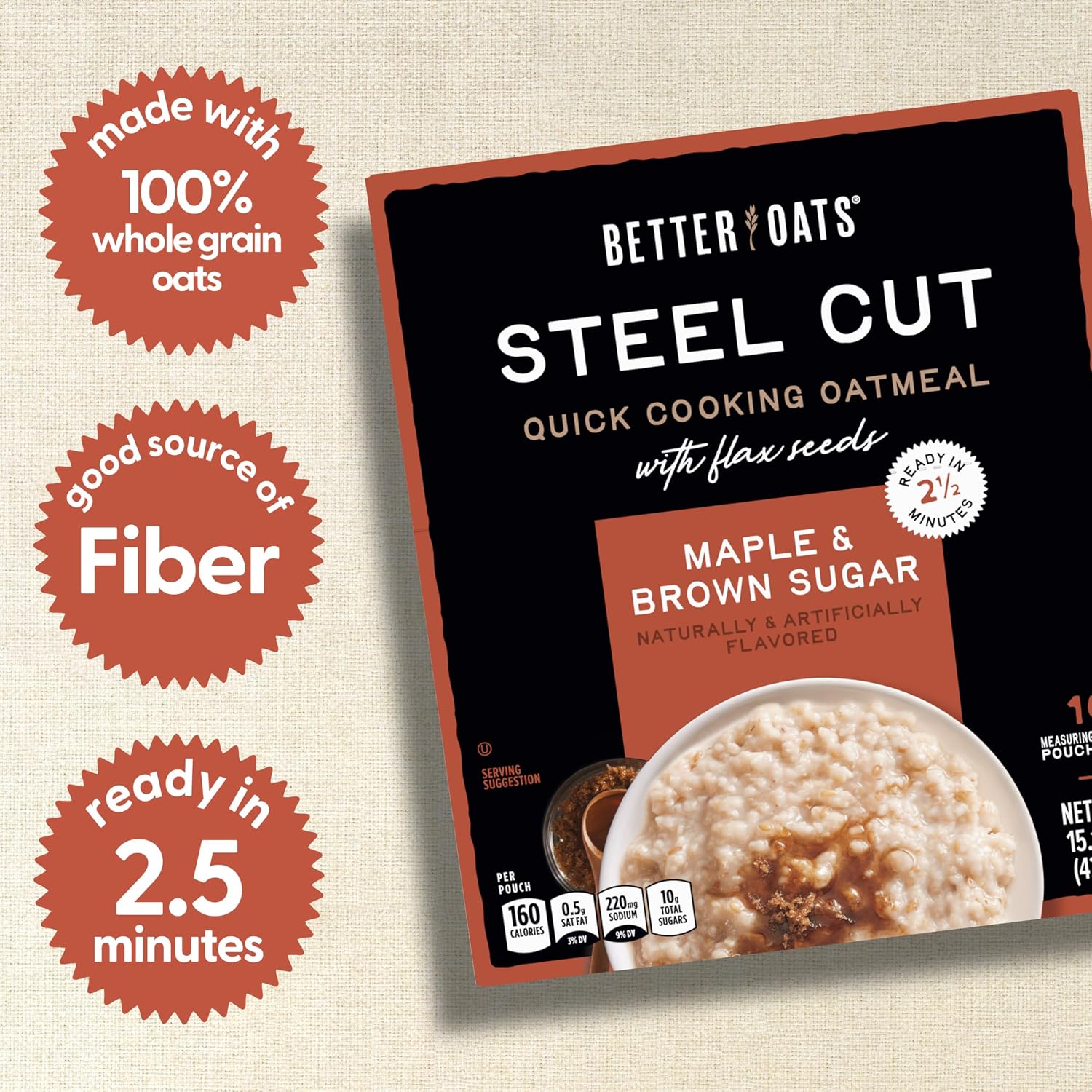 Better Oats Steel Cut Maple & Brown Sugar Oatmeal, 15.1 oz Box, 6 Pack | Instant Breakfast With Flax Seeds & Natural Flavors, Good Source Of ALA Omega-3, Individual Packets, Heart Healthy