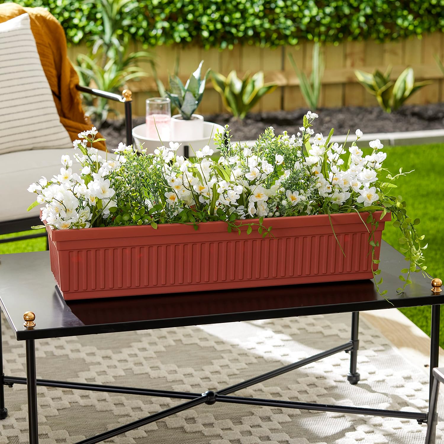 The HC Companies Venetian Window Planter Box w/Drain Plug - Long Planter Box for Windowsills, Balconies & More - Plastic Rectangular Outdoor Planters for Herbs & Flowers (18" Clay, Pack of 1)