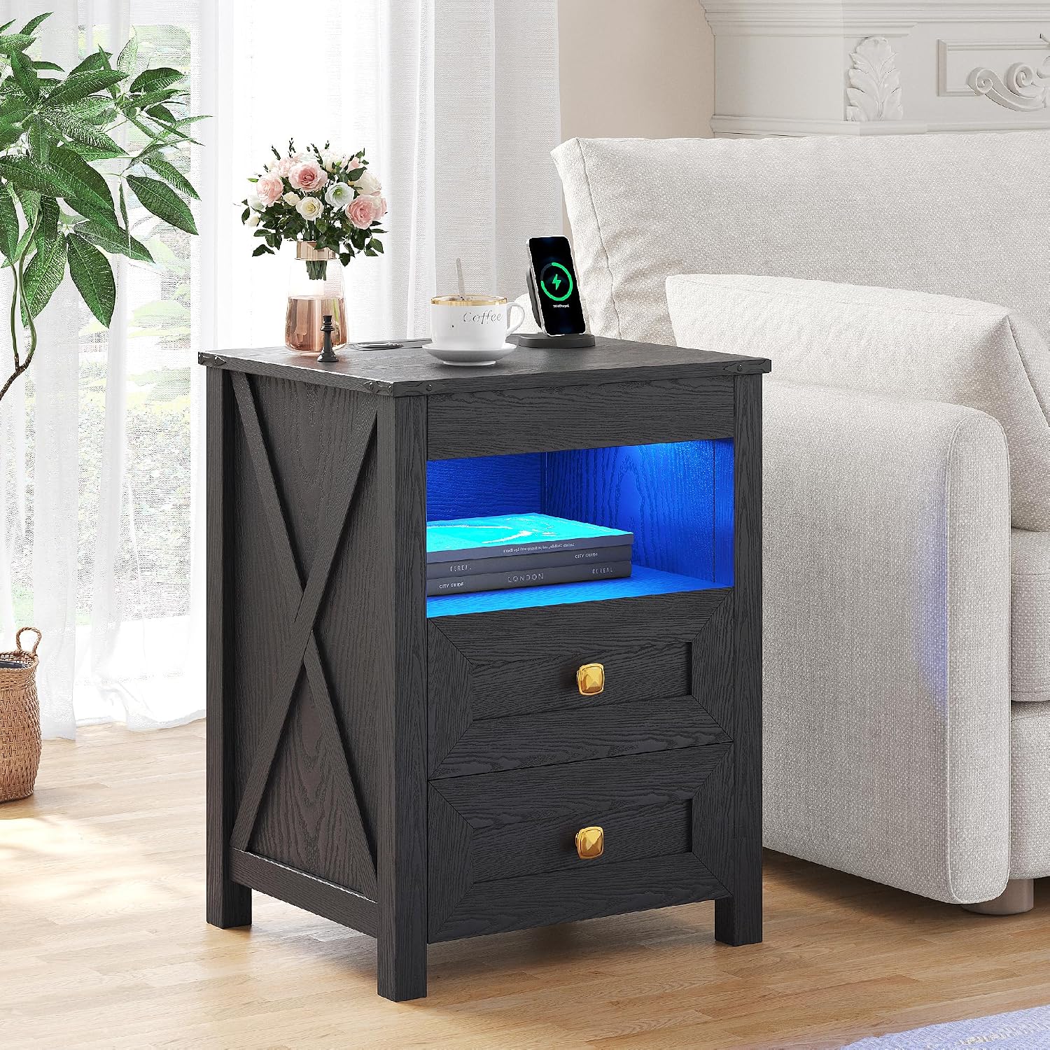 Farmhouse LED Nightstand with Gun Drawer&Invisible Lock,Modern Bedside Table with Human Sensor Design,Rustic Side Table with Wireless Charging for Living Room, Dark Oak