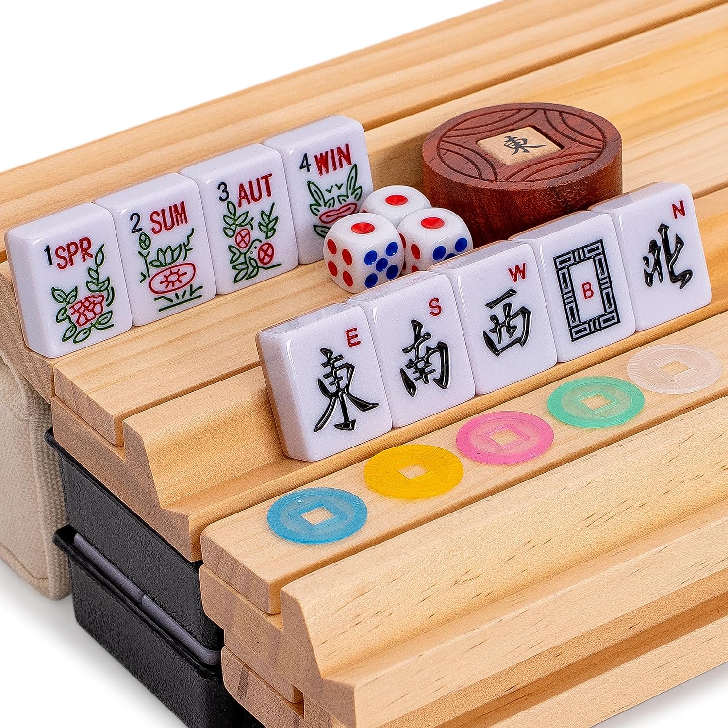 Yellow Mountain Imports American Mahjong Set, Mojave (Ivory) with Brown Soft Case, All-in-One Racks with Pushers, Wright Patterson Scoring Coins, Dice, & Wind Indicator