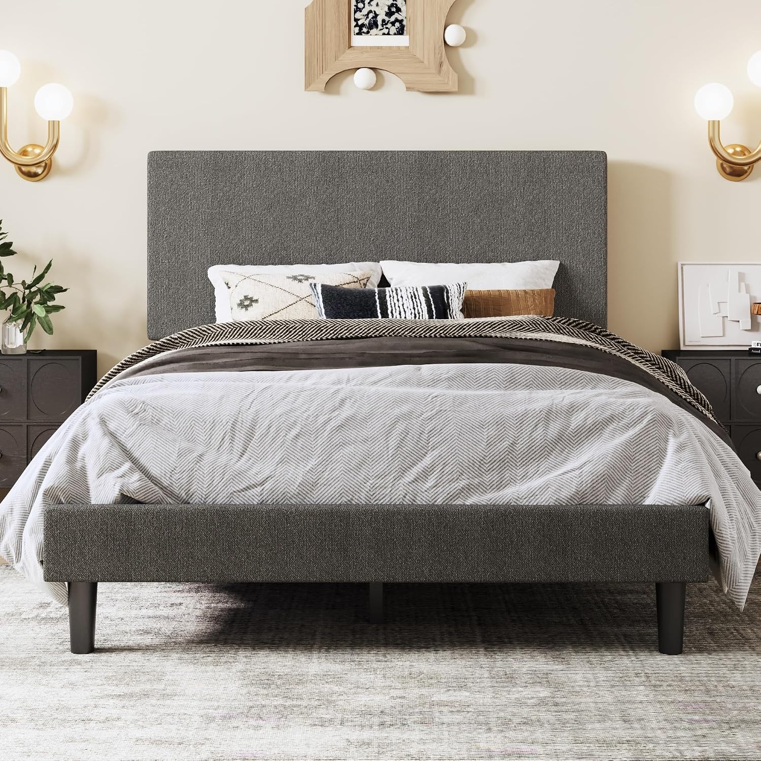 SHA CERLIN Boucle Upholstered Queen Size Bed Frame, White | Platform Bed with Adjustable Headboard, Wooden Slats Support, No Box Spring Needed, Noise-Free, Easy Assembly