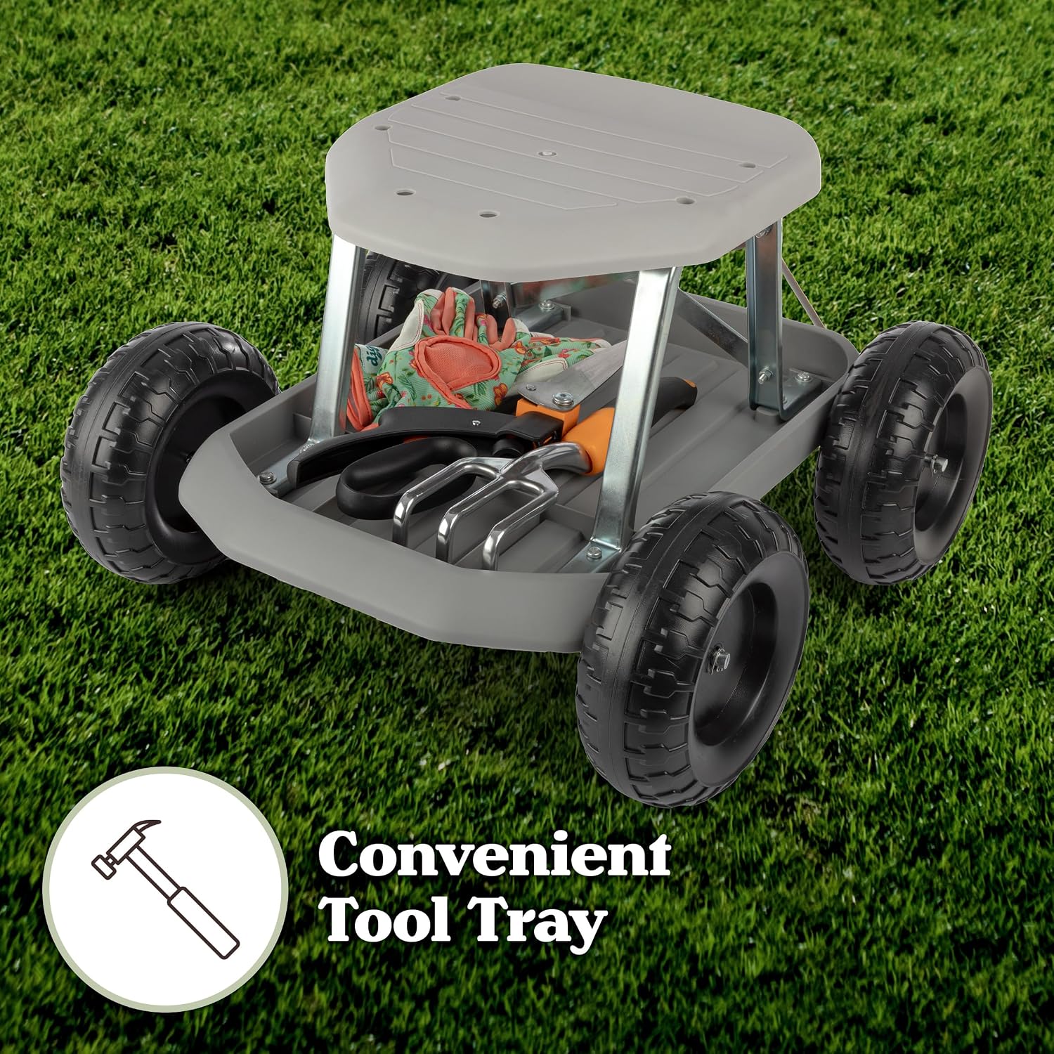Pure Garden Rolling Garden Seat with Wheels and Tool Tray, Black/Green | Gardening Stool Garden Cart Scooter with Storage for Yard Tools