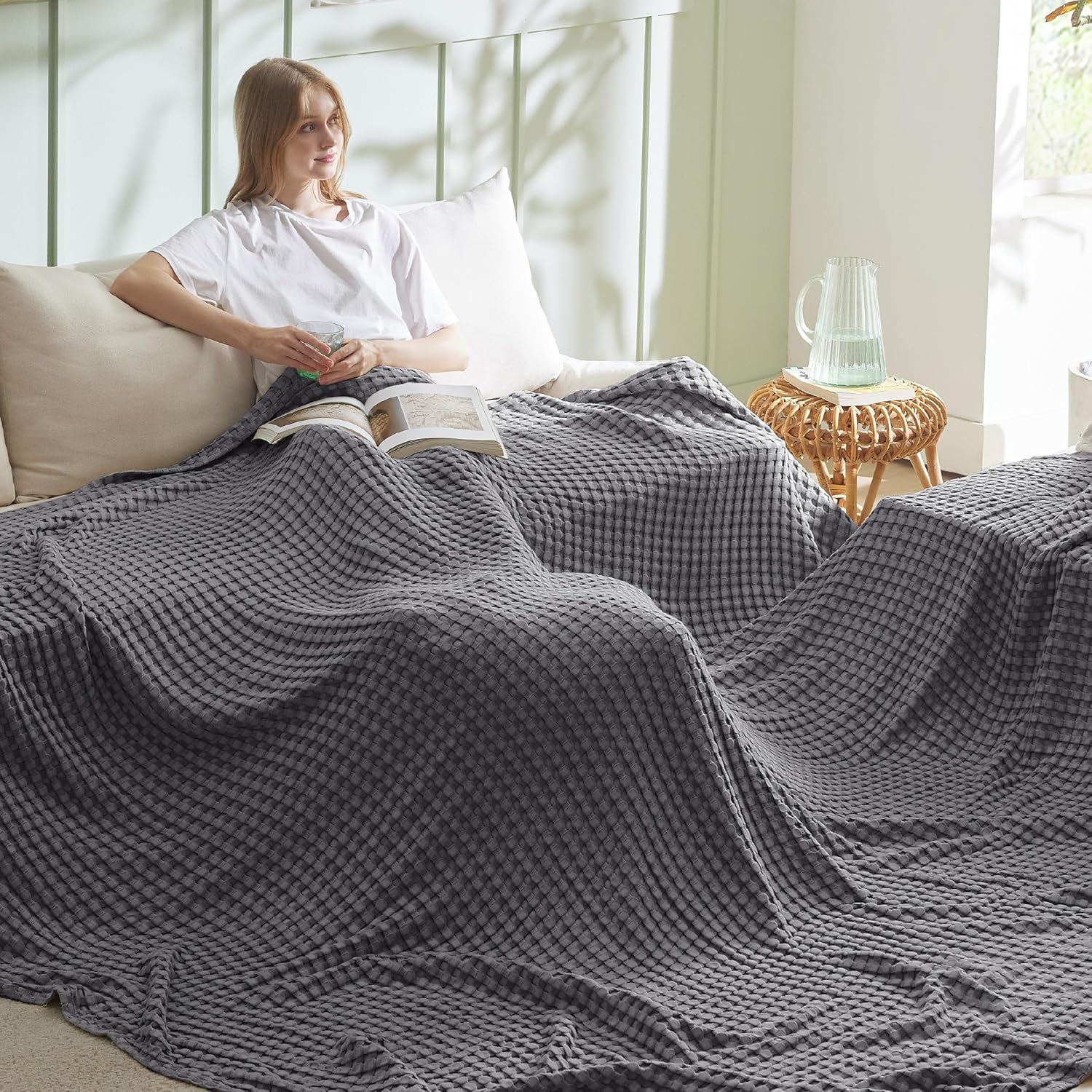 Bedsure Cooling Waffle Blanket for Hot Sleepers, Ivory, Queen, 90"x90"
