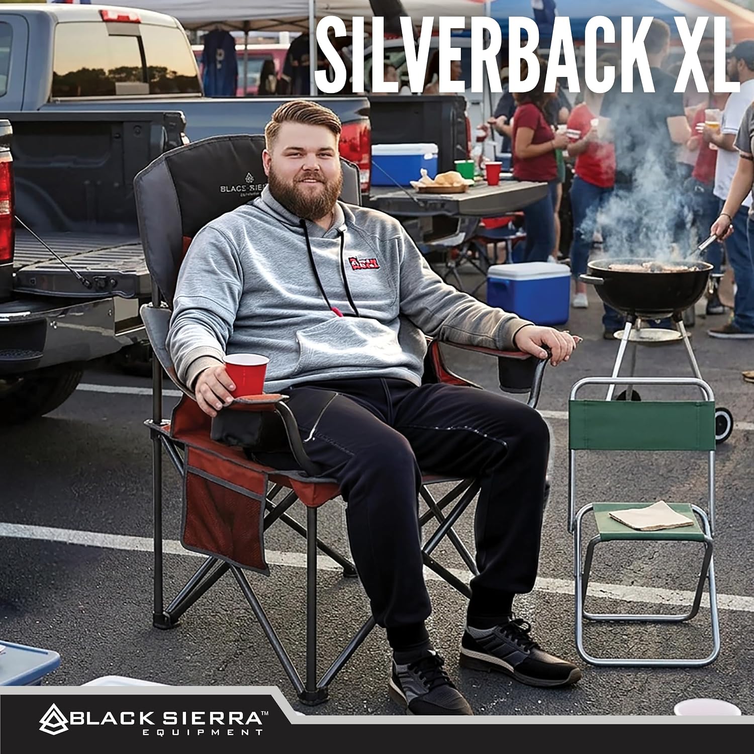 Black Sierra Oversize XL Camping Chair Supports 500 lbs, Padded Folding Outdoor Chair w/ 2 Cupholders and Carrybag