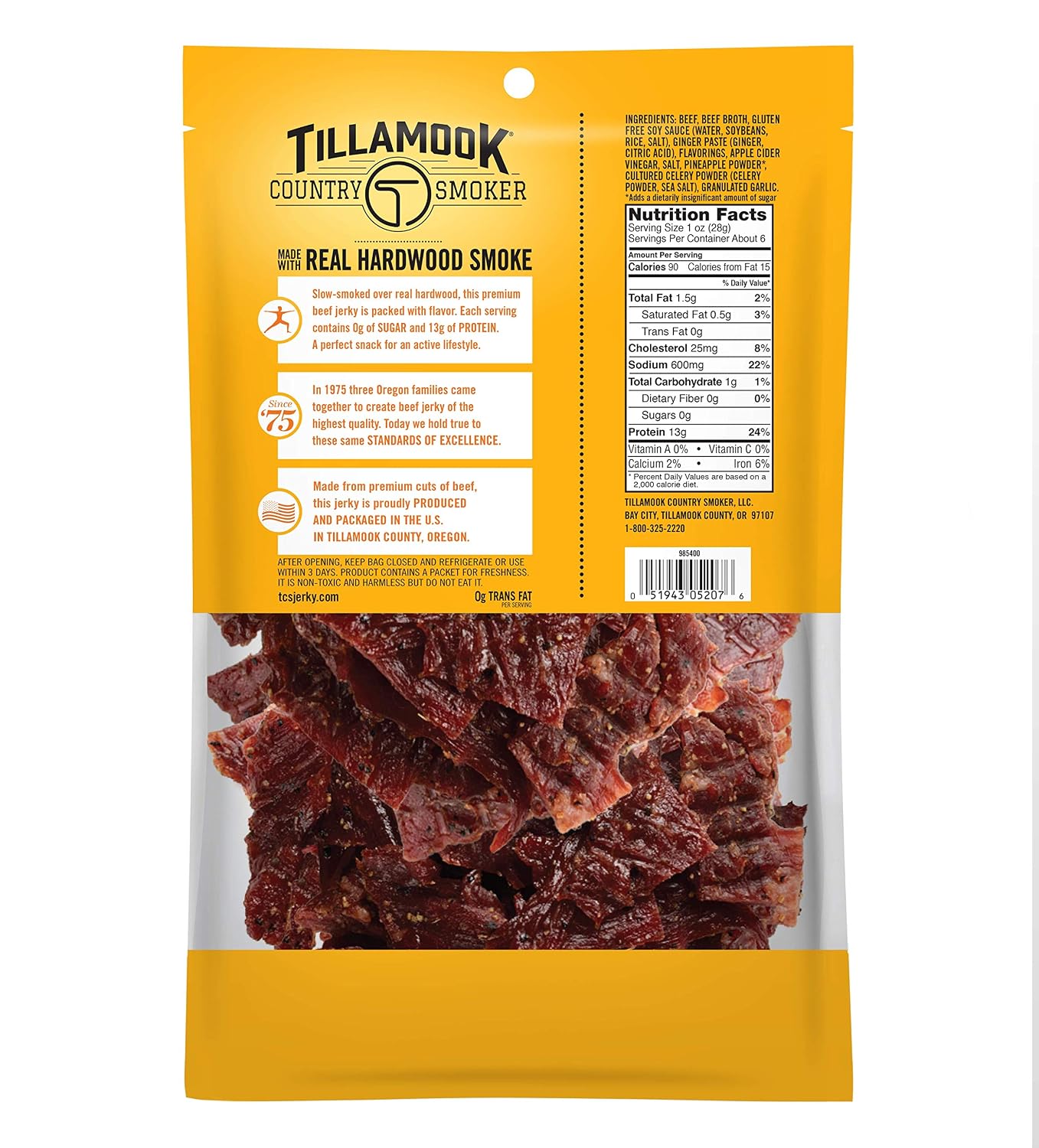 Tillamook Country Smoker Zero Sugar Original Beef Jerky Sticks, 6.5 Oz, 14g Protein, Real Hardwood Slow-Smoked, High Protein, Low Carb Meat Snacks, Keto-Friendly, 0g Sugar & Total Carbs