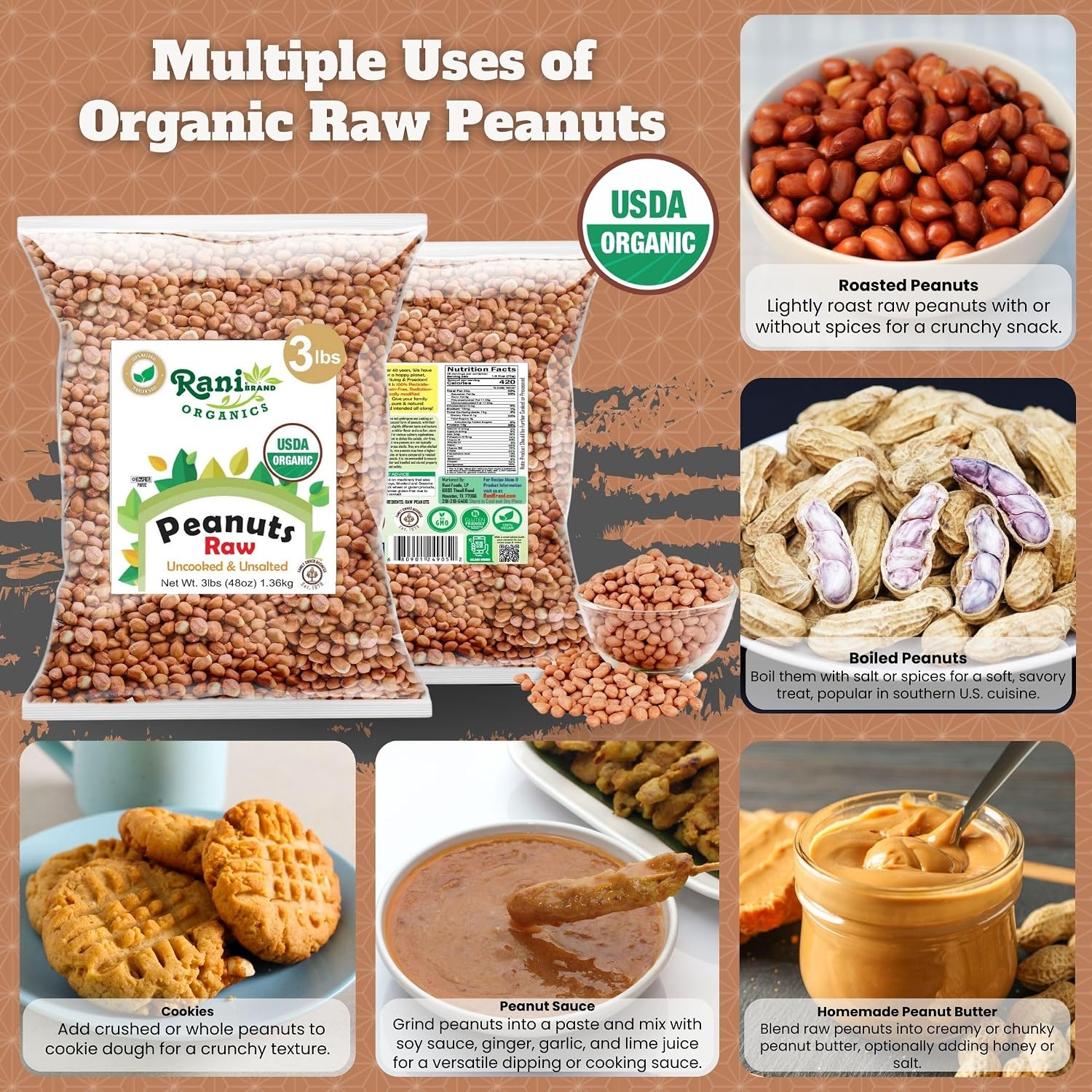 Rani Peanuts, Raw Whole With Skin (uncooked, unsalted) 14oz (400g) ~ All Natural | Vegan | Kosher | Gluten Friendly | Fresh Product of USA ~ Spanish Grade Groundnut/Red-skin