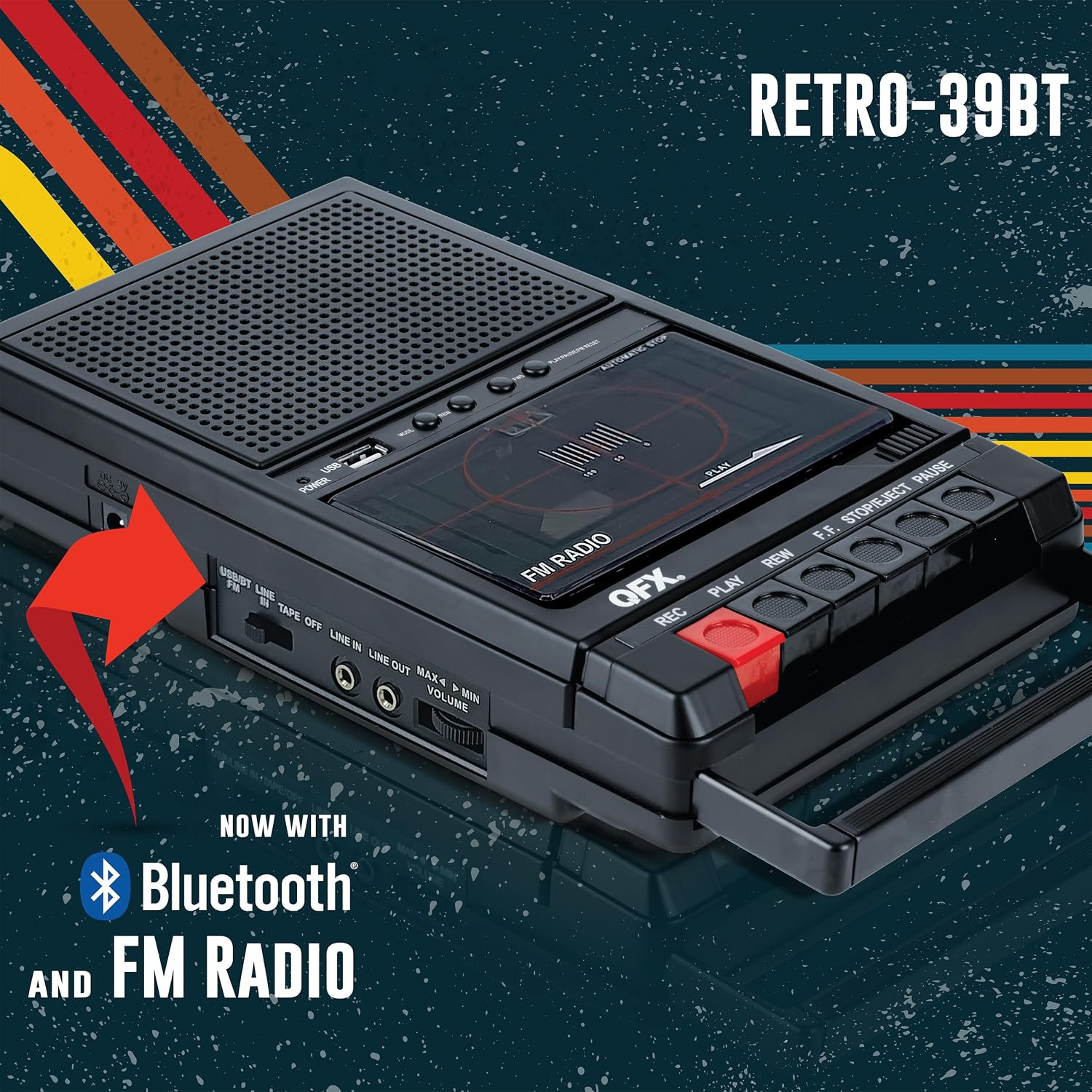 QFX Portable Shoebox Cassette Tape Player Recorder, RETRO-39BT | USB to Cassette Recording, Built-In Mic, 3.5" Bluetooth Speaker, FM Radio