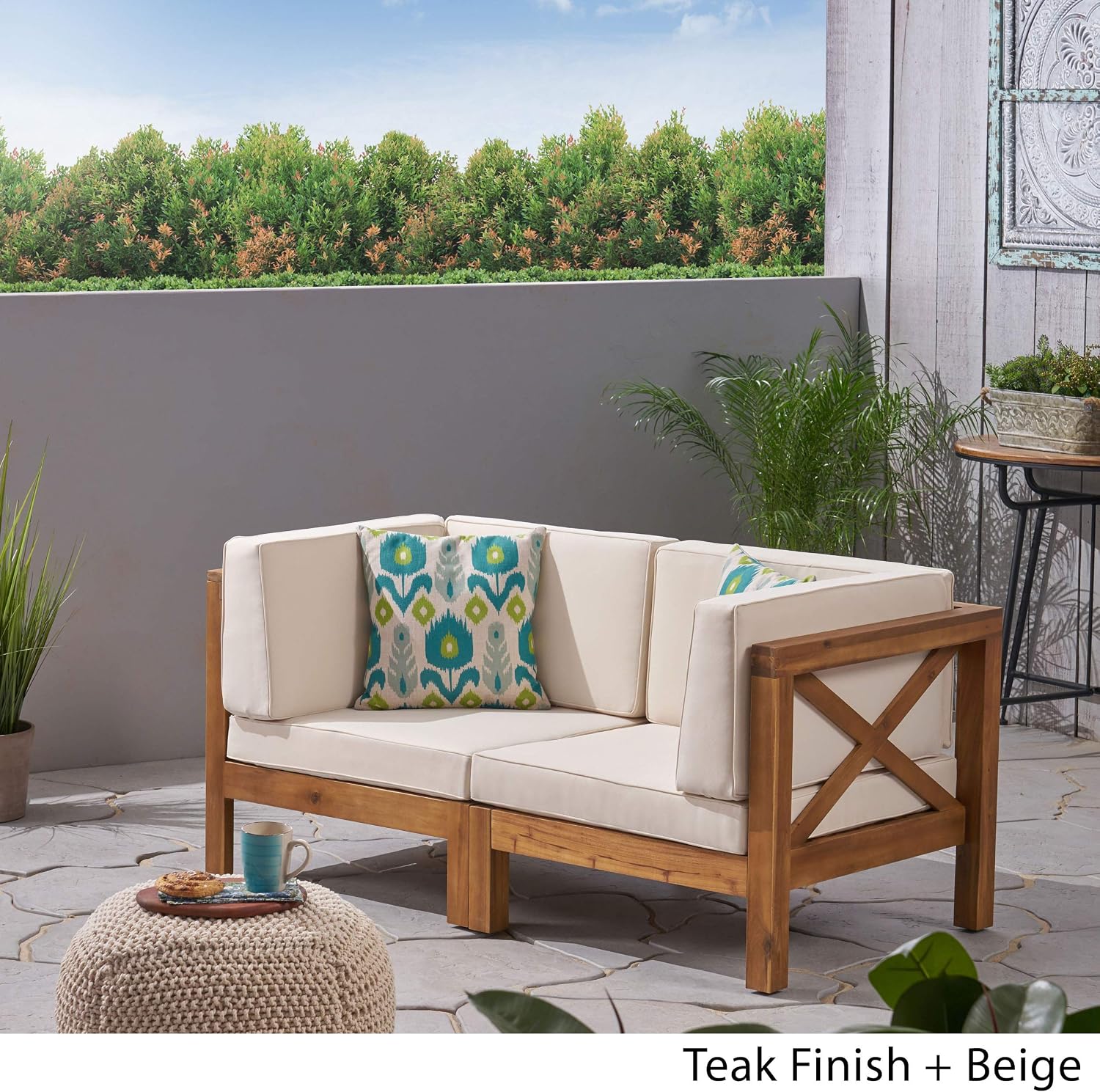 GDFStudio Outdoor Sectional Loveseat Set | 2-Seater | Acacia Wood | Water-Resistant Cushions | Teak and Beige