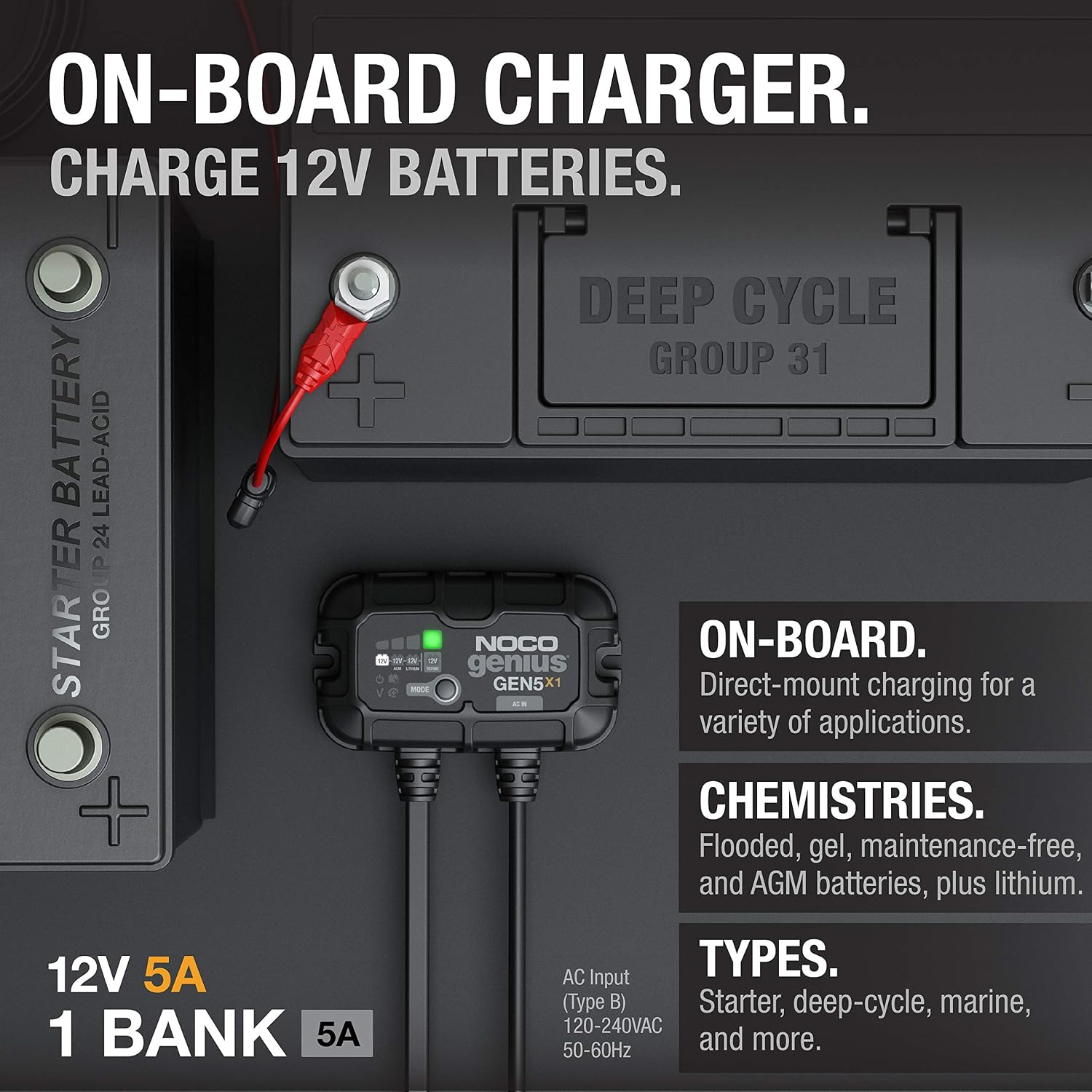 NOCO GEN5X1 12V 5A 1-Bank OnBoard Marine Battery Charger & Maintainer