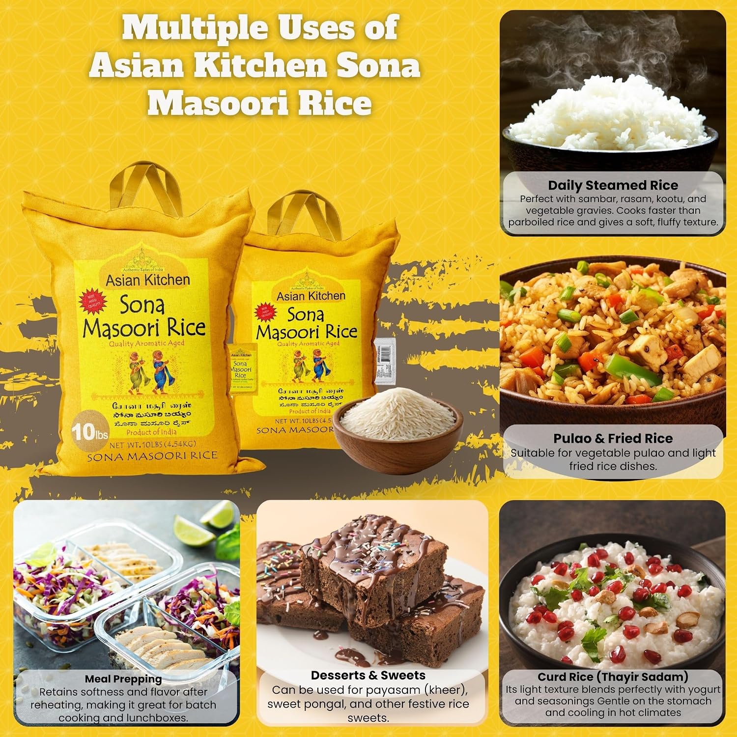 Asian Kitchen White Sona Masoori Aged Rice 20-Pound Bag, 20lbs (9.08kg) Short Grain Rice ~ All Natural | Gluten Friendly | Vegan | Kosher | Indian Origin | Export Quality