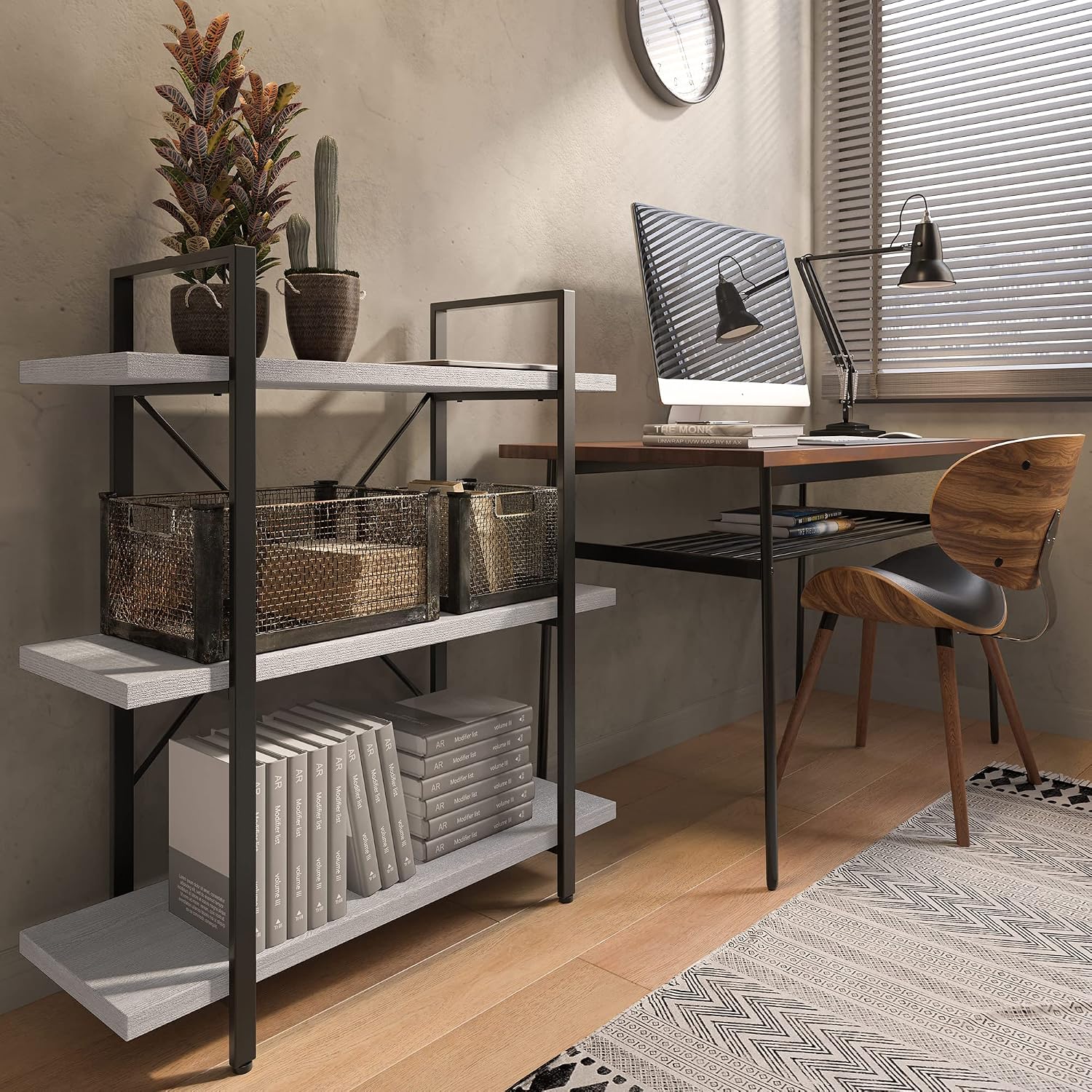 BELLEZE 4 Tier Modern Rustic Industrial Bookshelf, Open Wide Office Etagere Book Shelf