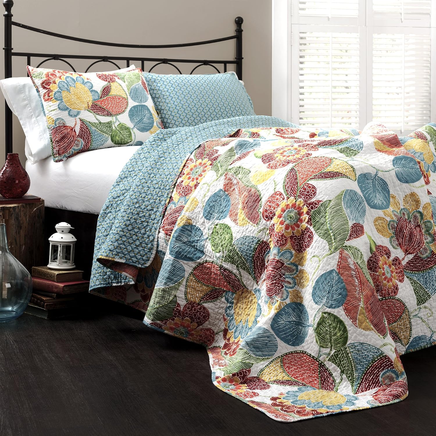 Lush Decor Layla Quilt Floral Leaf Print 3 Piece Reversible Bedding Set Full/Queen Orange & Blue