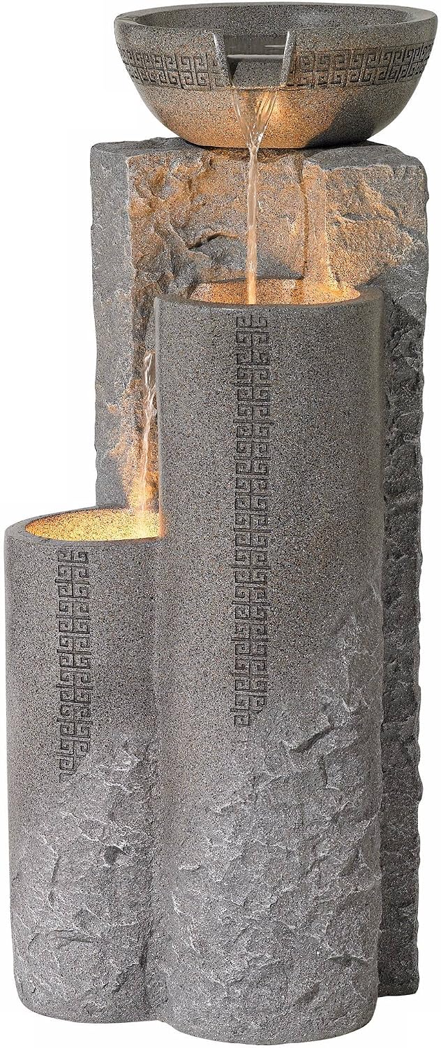 Outdoor Large Bowl and Pillar 34 1/2" High Modern Fountain with LED Lights | Zen Decor Faux Stone Floor Standing Waterfall Tiered Water Feature for