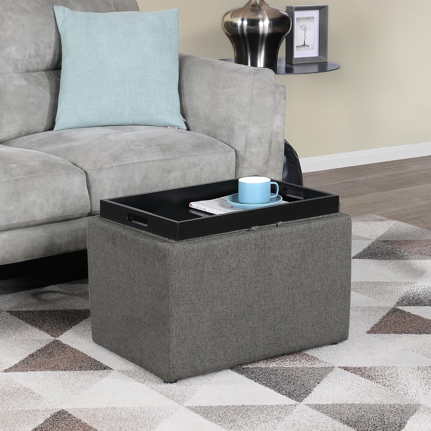 Convenience Concepts Designs4Comfort Accent Storage Ottoman 22.75" - Modern Foot Stool with Decorative Tray for Living Room, Dining Room, Office, Blue Faux Leather