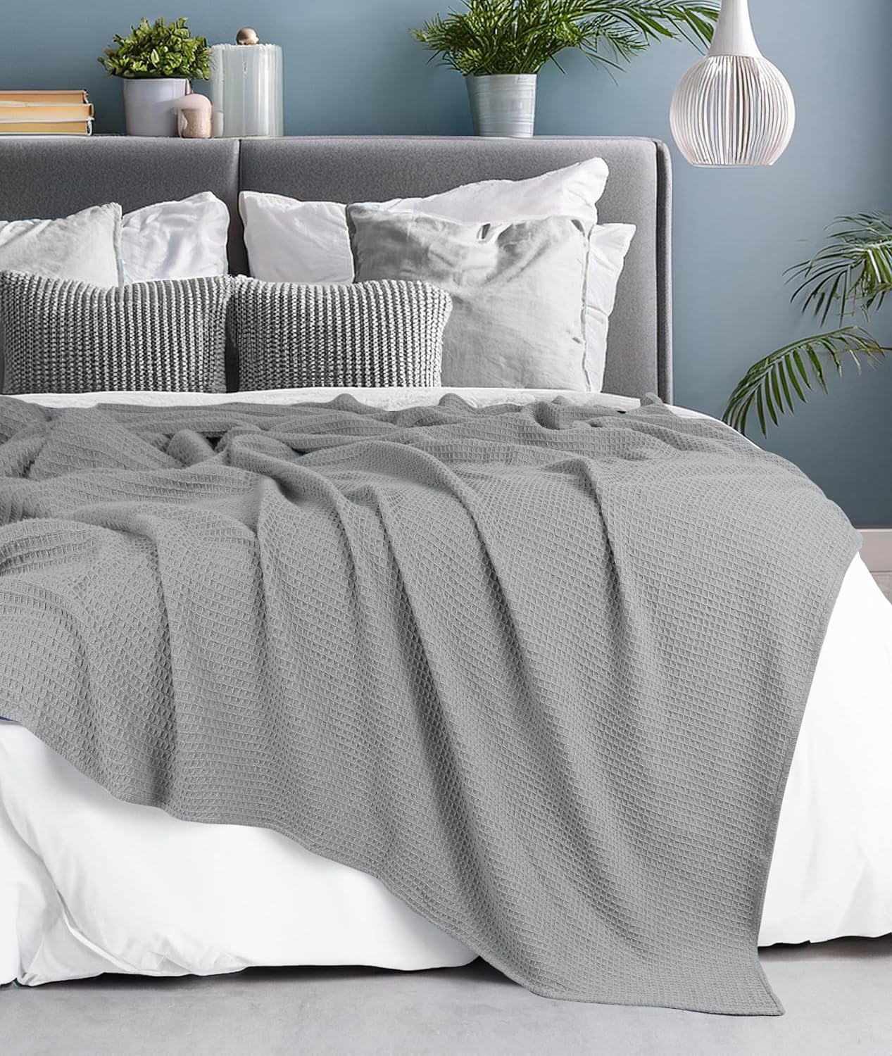 Tex Trend 100% Cotton Waffle Weave Blanket Queen Size - Soft, Breathable Cooling Blanket for Bed, Lightweight Cozy Summer & Spring Bedding, Grey, 90x90