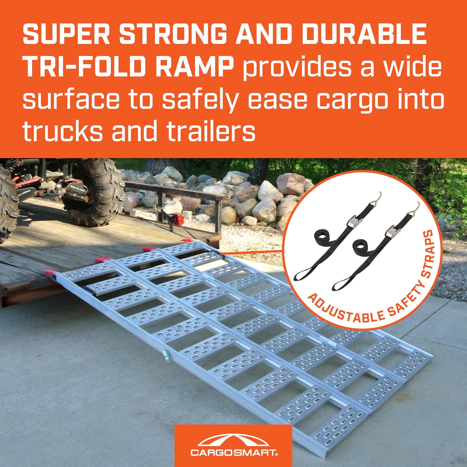 Aluminum Tri-Fold Ramp with Treads, 1 Pack — 1, 500lb Capacity/500lb per Section, 50” W x 76” L — Easily and Safely Load or Unload Push Mowers