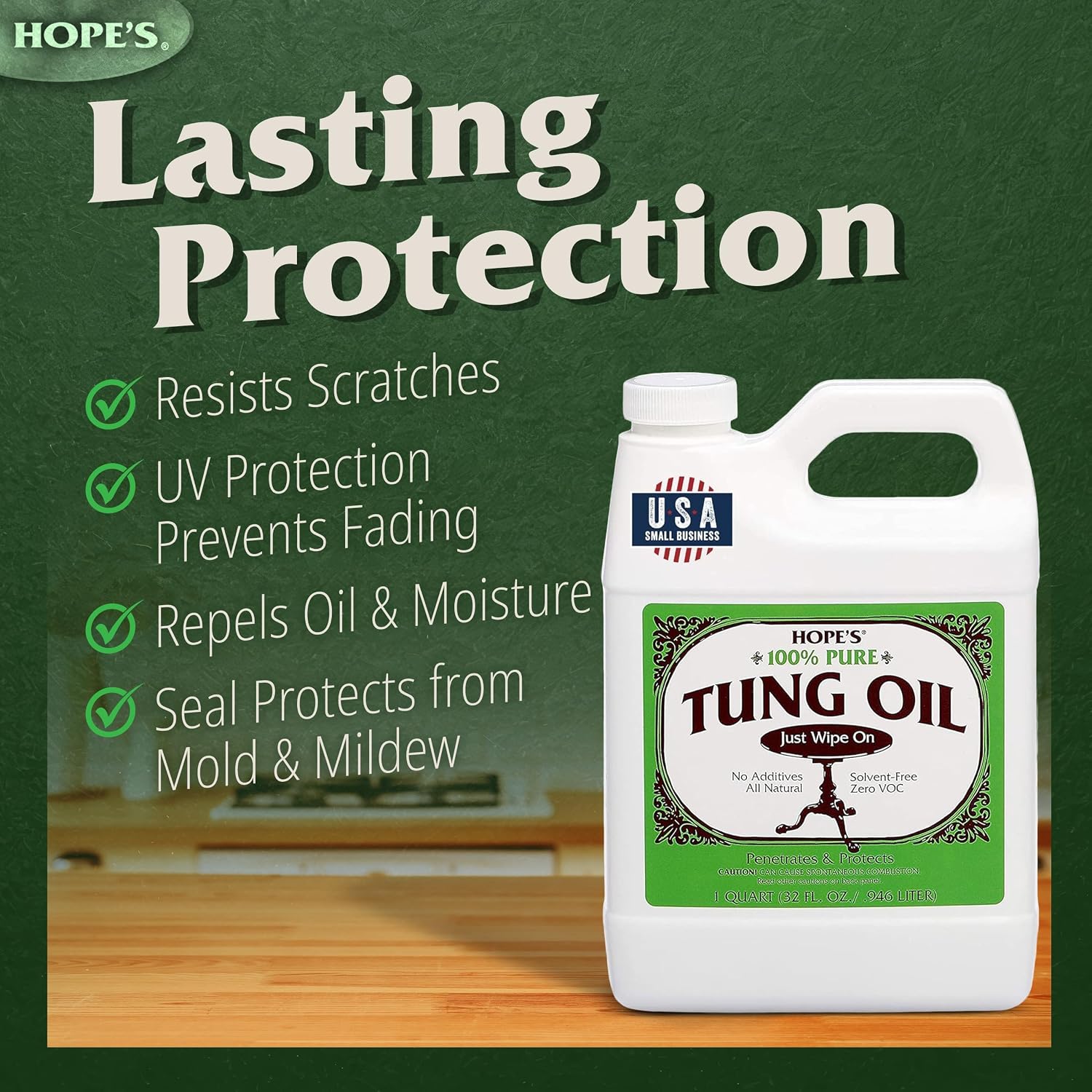 HOPE'S 100% Pure Tung Oil, Food Safe, Premium Waterproof Natural Wood Finish and Sealer for Indoor and Outdoor Projects, 32 Fl Oz