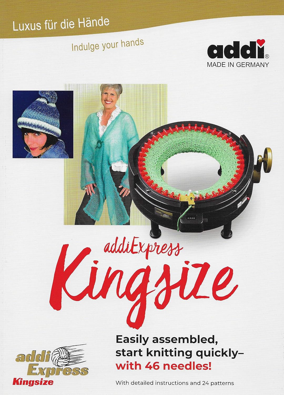 New Improved Version Of addi Express Kingsize Extended Starter Kit With New Improved Mechanical Row Counter. Knitting Machine, 2 Pattern Books, Hook