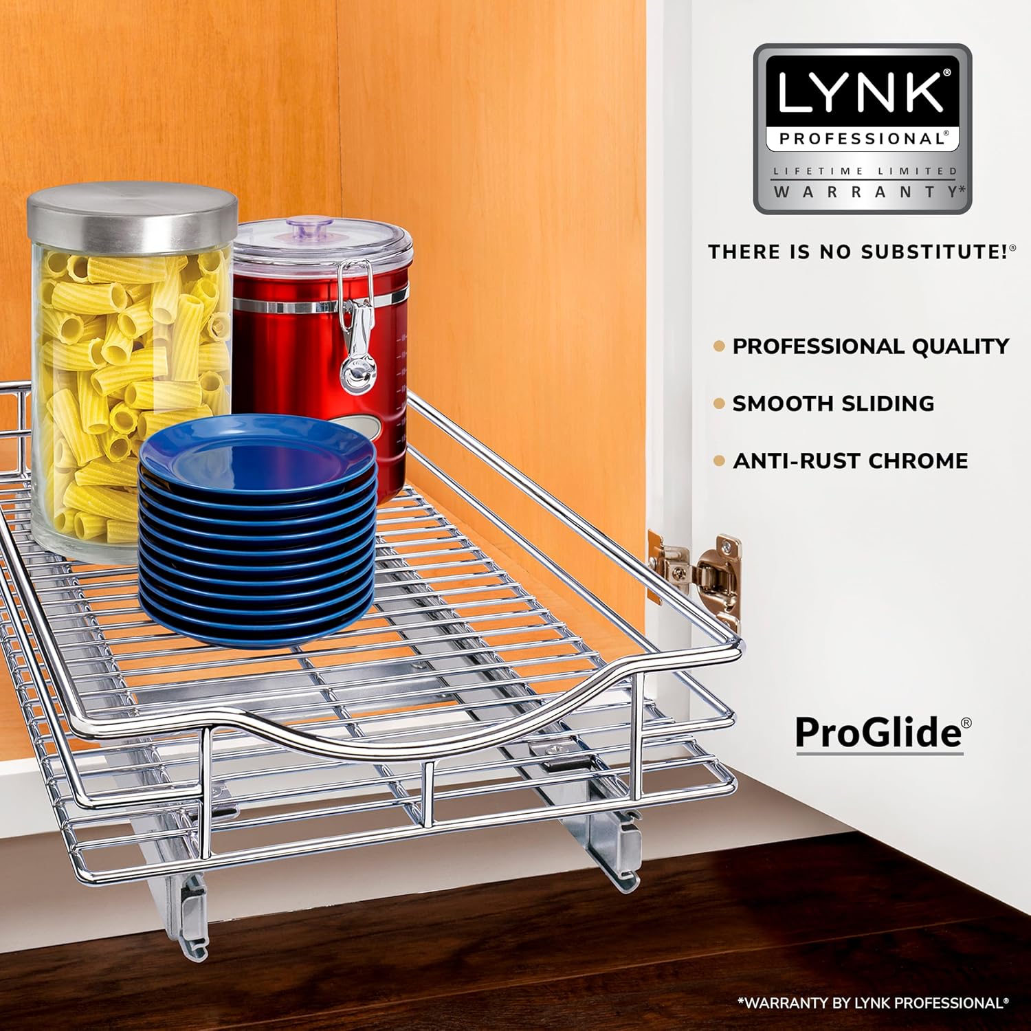 LYNK PROFESSIONAL® Pull Out Cabinet Organizer, Kitchen Slide Out Drawer | 11W x 21D Chrome cabinet pull-out shelves with 3/4-extension glides create easy-access storage for cookware and pantry items