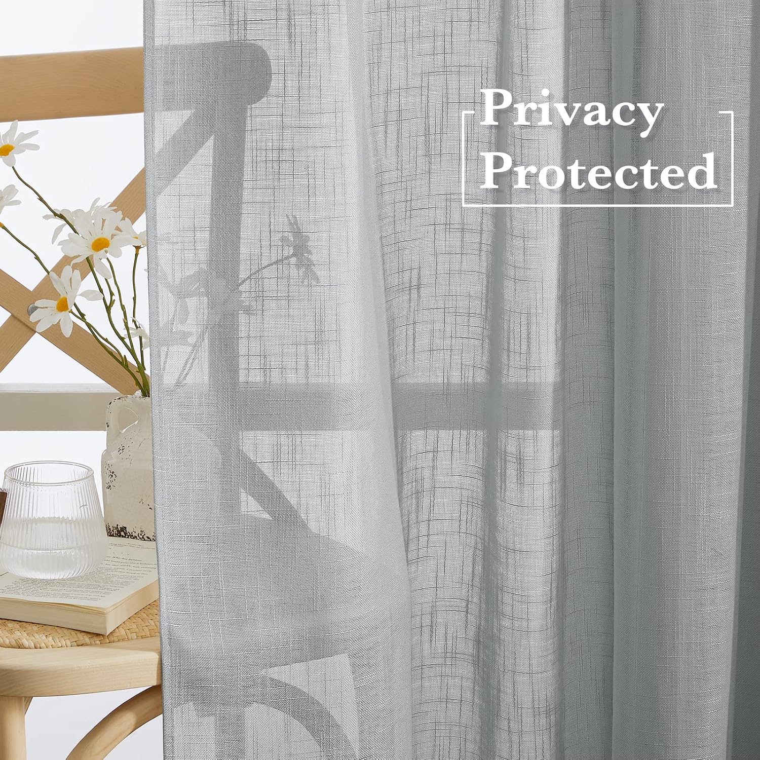 RYB HOME Linen Sheer Curtains - Linen Textured Semi Sheer Curtains for Kids Nursery Bedroom Living Room Window