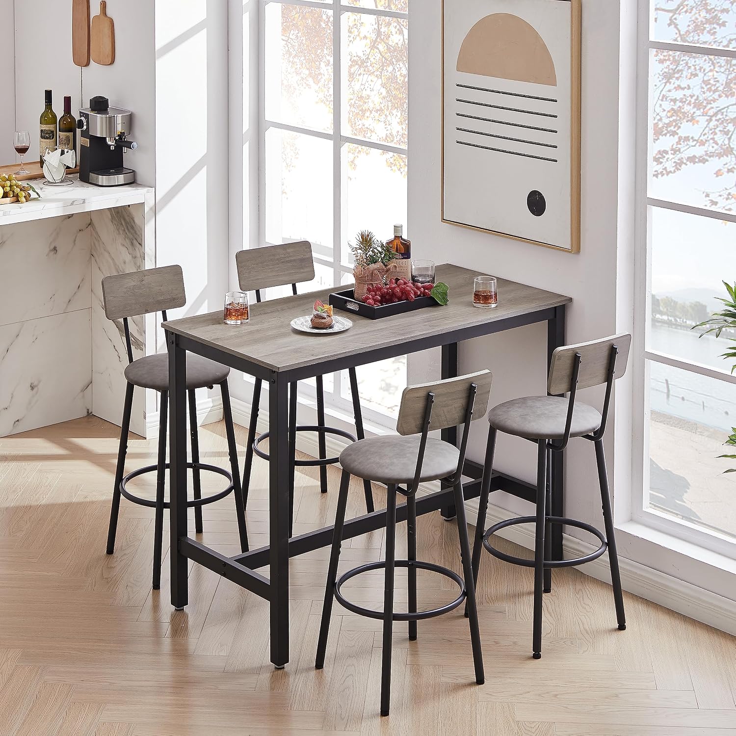 Bar Table Set with 4 Bar stools PU Soft seat with backrest, Grey, 47.24'' L x 23.62'' W x 35.43'' H