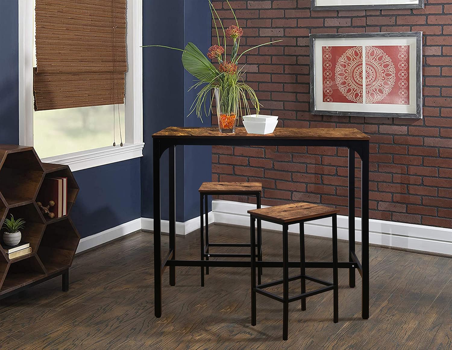 VEIKOU 47'' Industrial Bar Height Table, High Pub Table with Adjustable Legs and Sturdy Metal Frame, Rustic Brown
