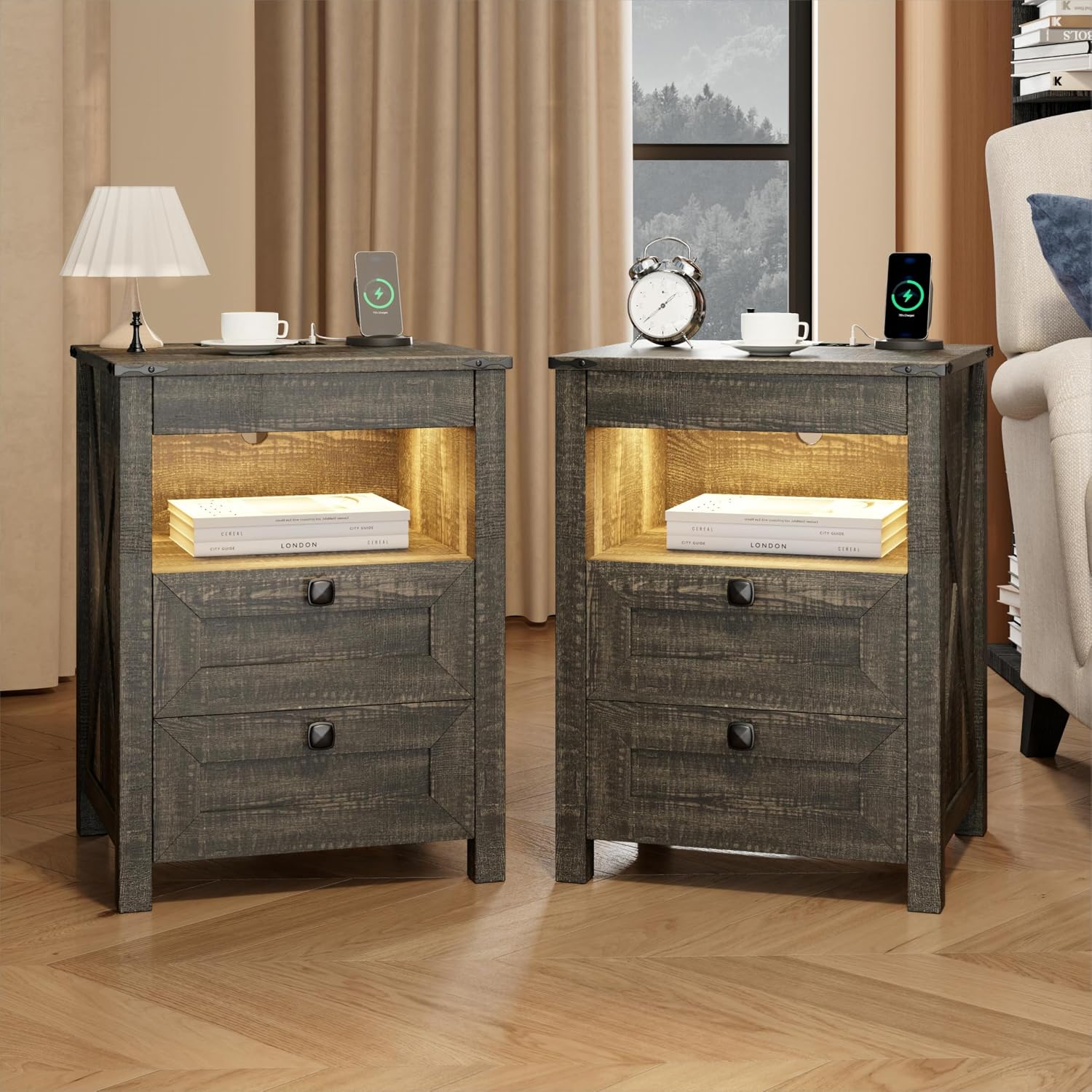 TAGELIER LED Nightstand Set of 2 with Charging Station, Brown | Invisible Lock Hidden Drawer, Smart Human Sensor Light, Farmhouse Bedside Table