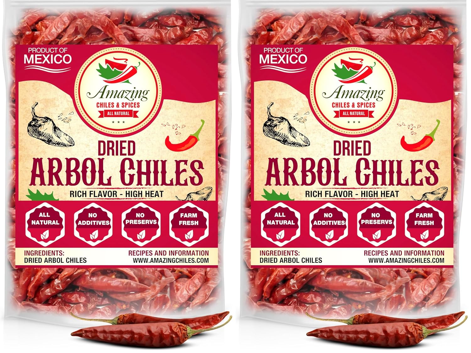 Chile De Arbol 4oz - Dried Whole Red Chili Peppers, Premium All Natural Stemless, Resealable Bag. Use in Mexican, Chinese and Thai Dishes. Spicy Hot Heat Full of Flavor