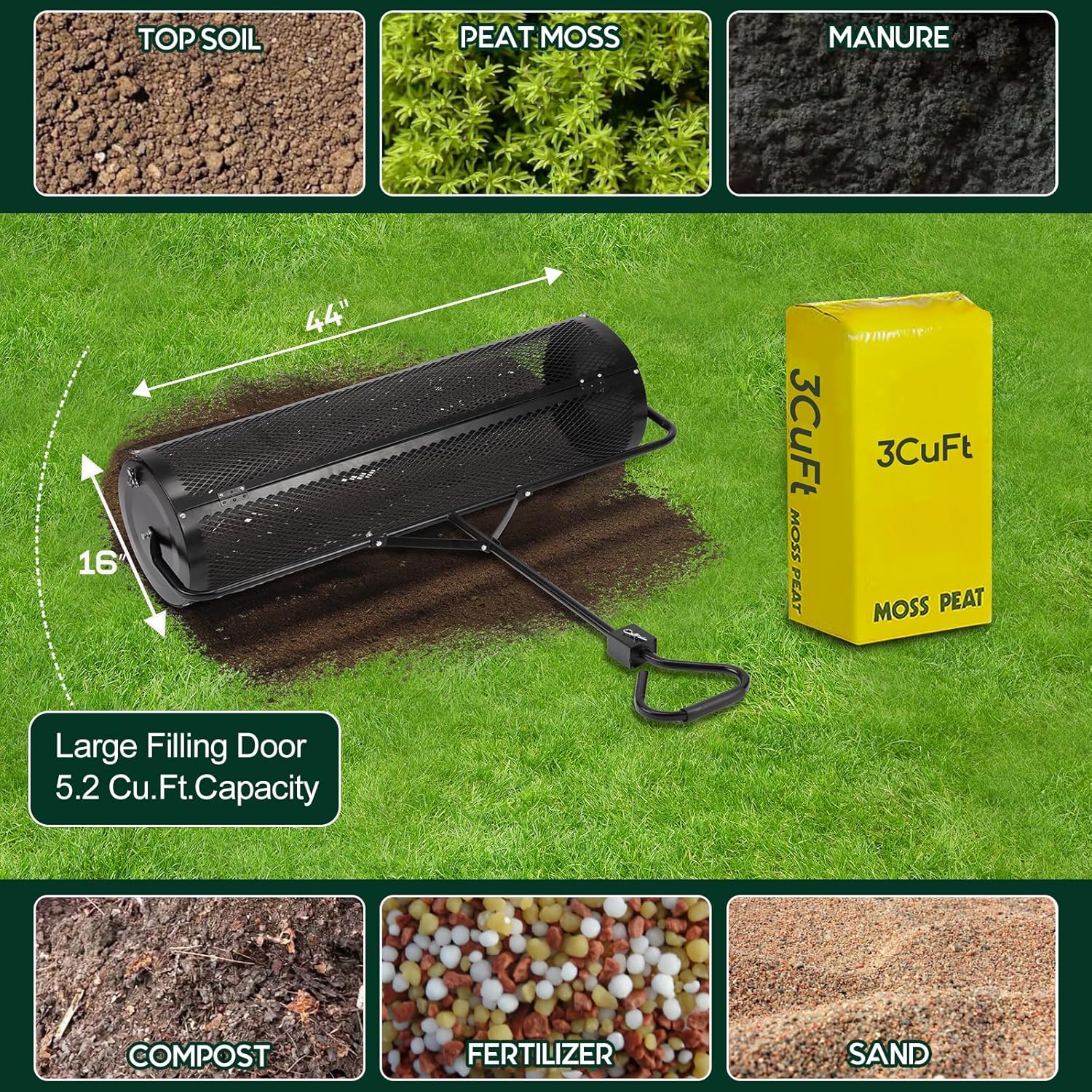 Compost and Peat Moss Spreader with Updated 2 in 1 ATV & T Shaped Handle, 16”WX44”L