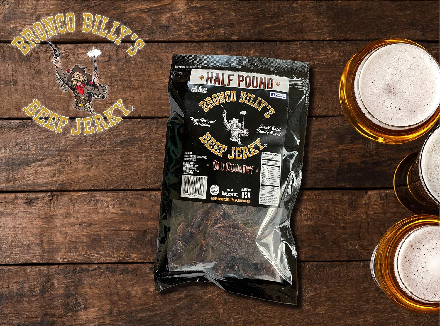 Bronco Billy's Beef Jerky Hickory Smoked Old Country Half Pound Resealable Bag