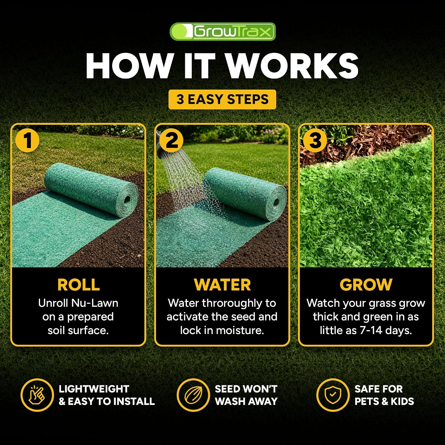 Growtrax Biodegradable Grass Seed Mat & Fertilizer - 100 Sq Ft Bermuda Rye | Grass Seed for Lawns, Dog Patches & Shade, Just Water and Grow