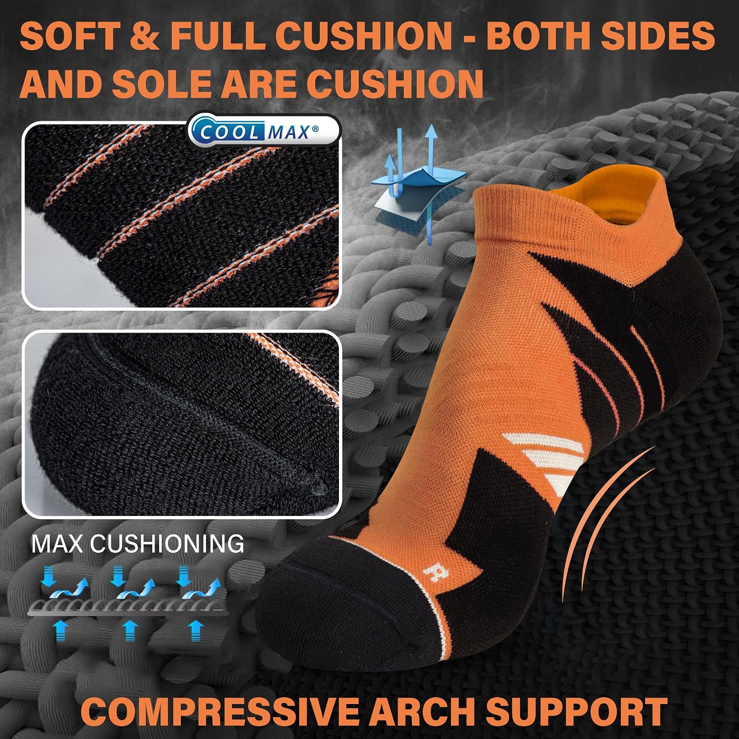 Hylaea Unisex Coolmax No Show Athletic Running Socks, Cushioned No Blisters