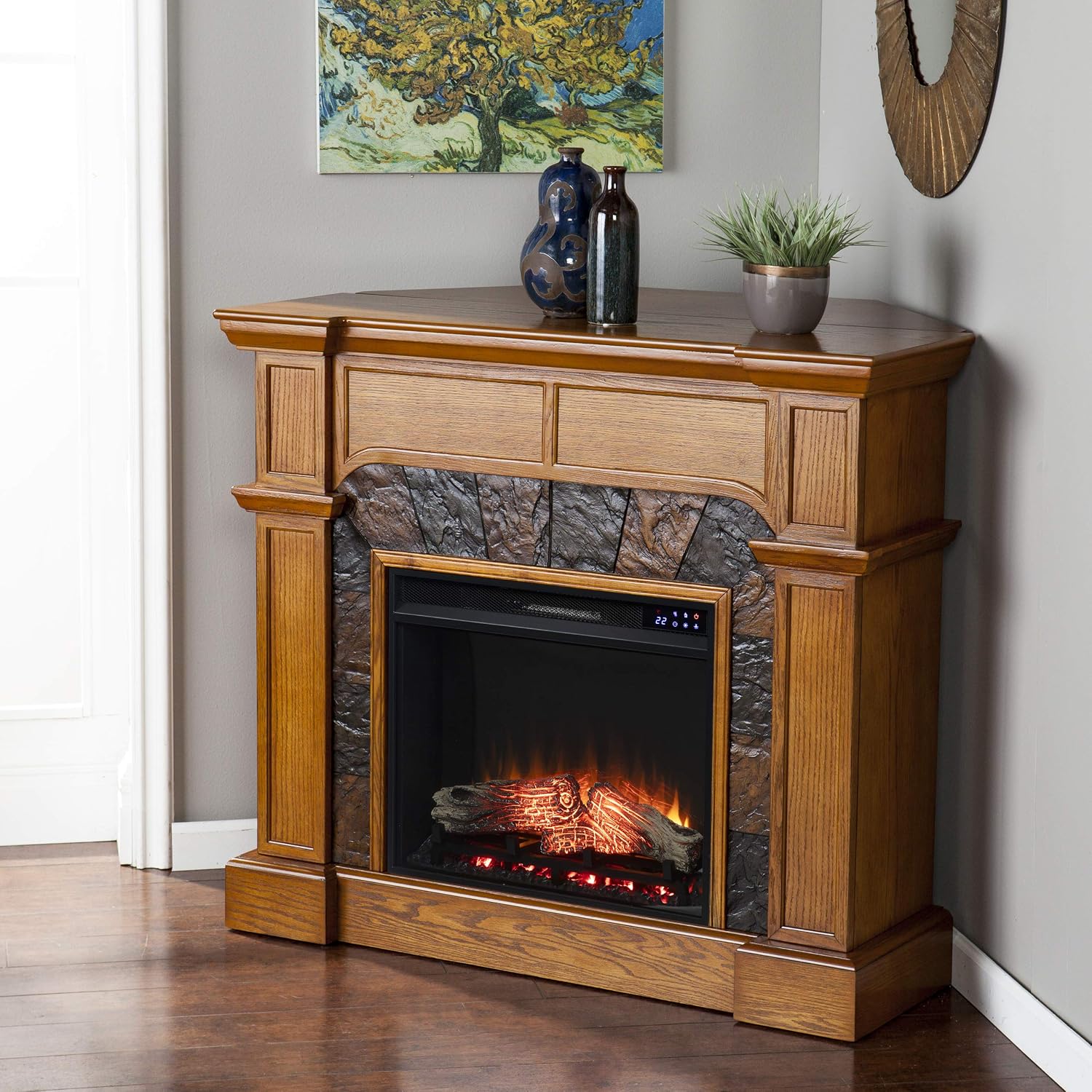 SEI Furniture Cartwright Corner Convertible Earth Tone Tile Electric Fireplace, New Mission Oak