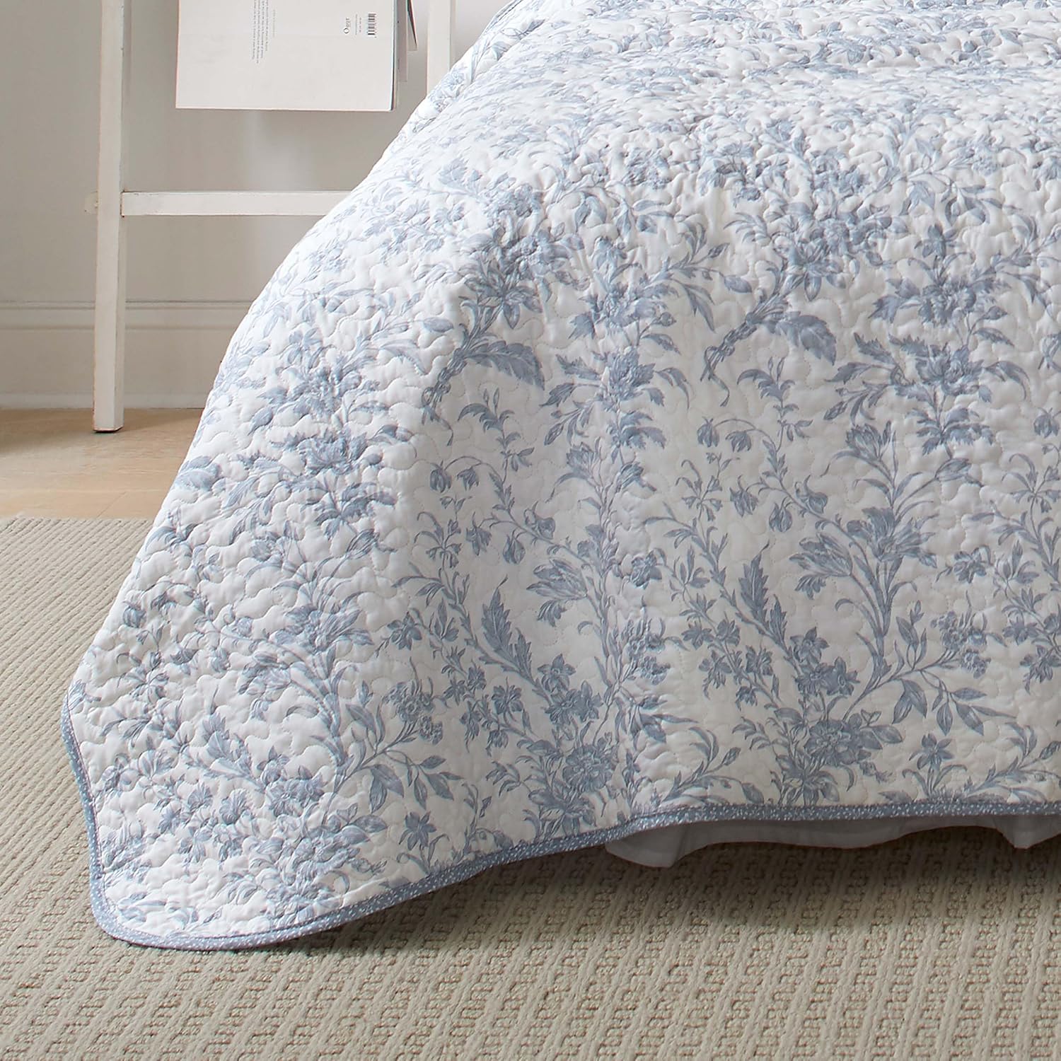Laura Ashley – Queen Quilt Set, Soft & Lightweight Toile Bedding with Matching Shams, Reversible Floral Room Decor, College Dorm Room Essentials (Amberley Blue)