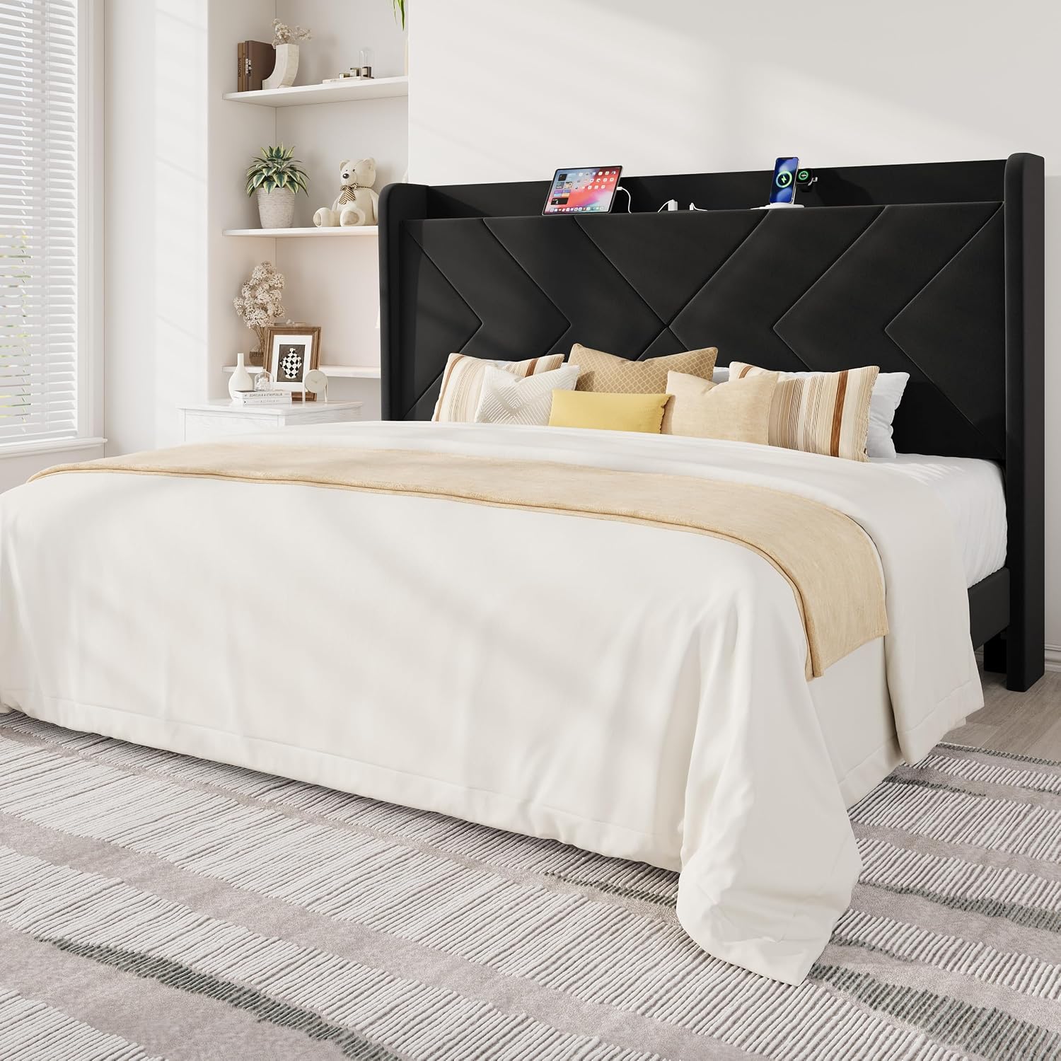 Allewie Full Size Platform Bed Frame with Charging Station and Storage Shelf/Upholstered Velvet Wingback Headboard/Wooden Slats Support/No Box Spring Needed/Easy Assembly, White