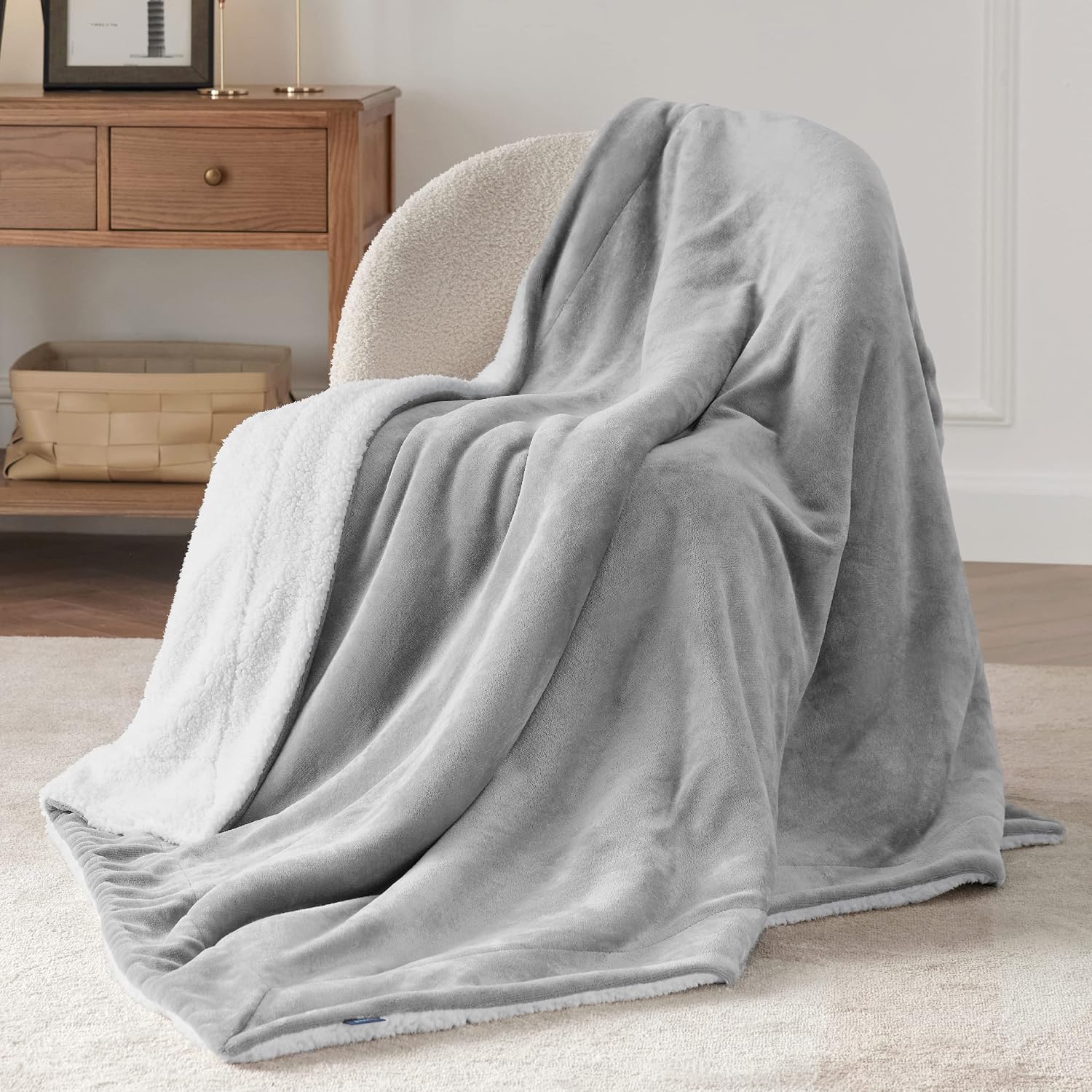 Bedsure GentleSoft Sherpa Fleece Throw Blanket for Couch, Non-Heated, Thick & Warm Cozy Blanket for Winter Fall, Soft Fuzzy Plush Throw Gifts for Women and Men, Grey, 50x60 Inches