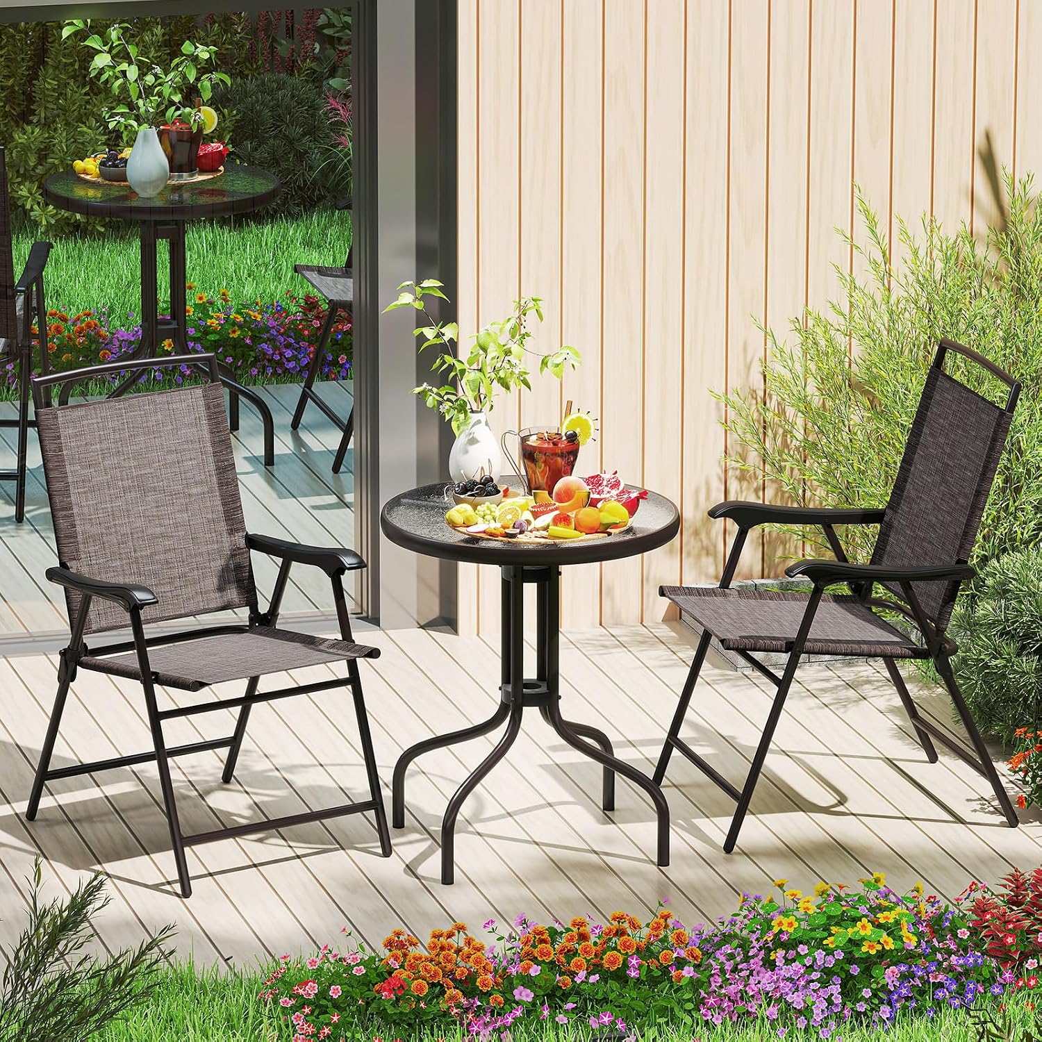 S AFSTAR 3-Piece Bistro Set, Patio Furniture Set for Outdoor Poolside Balcony Garden Yard, 28" H Outdoor Round Table and 2-Pack Folding Chairs