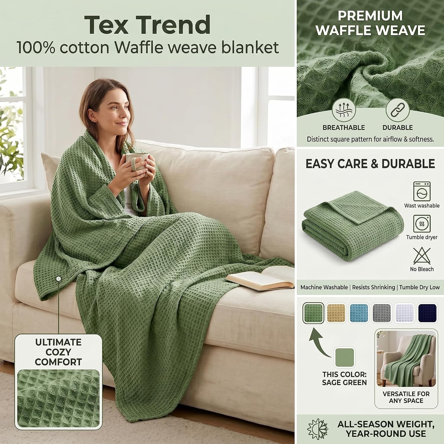 Tex Trend 100% Cotton Waffle Weave Blanket Queen Size - Soft, Breathable Cooling Blanket for Bed, Lightweight Cozy Summer & Spring Bedding, Grey, 90x90