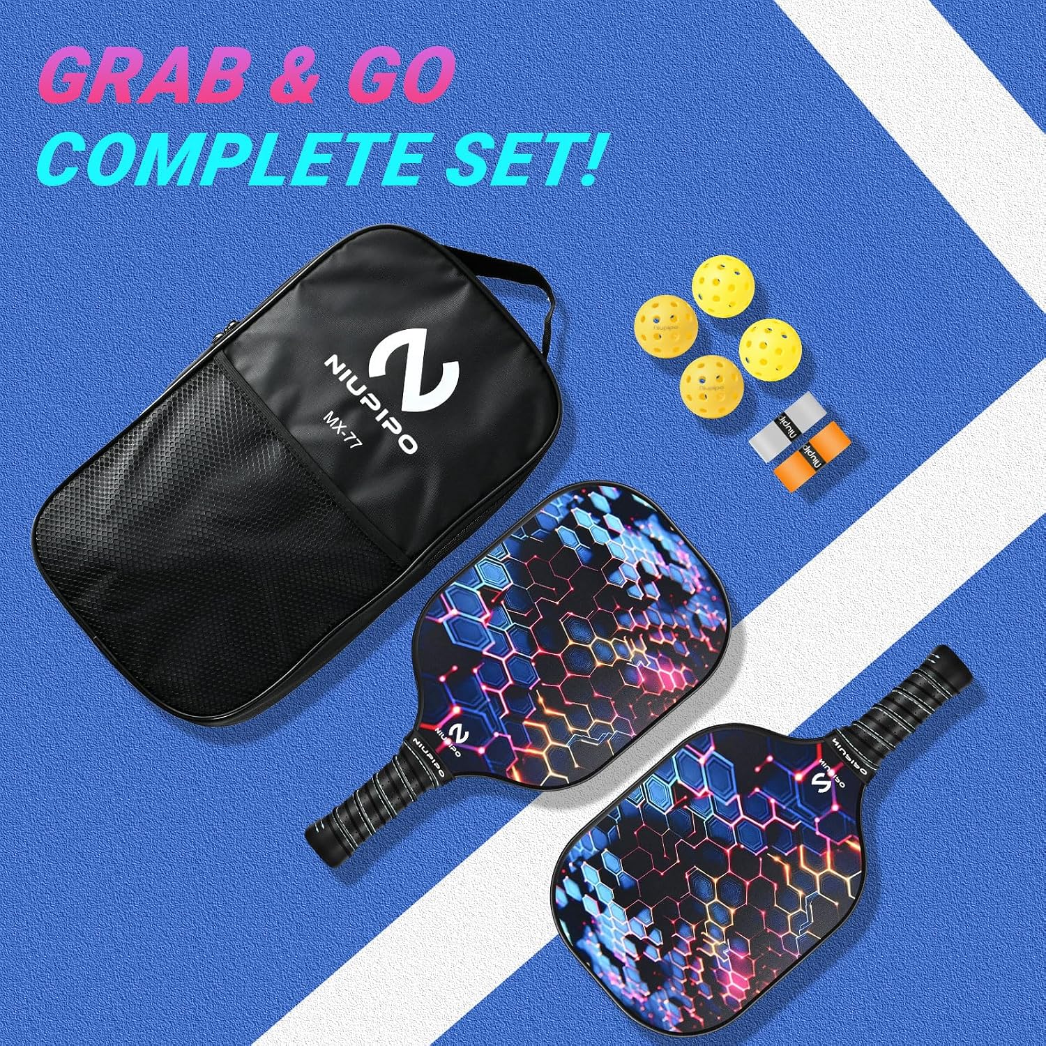 niupipo Pickleball Paddles Set of 2 or 4, USAPA Approved Fiberglass Pickleball Paddle Set with Balls and Bag, Polypropylene Honeycomb Core