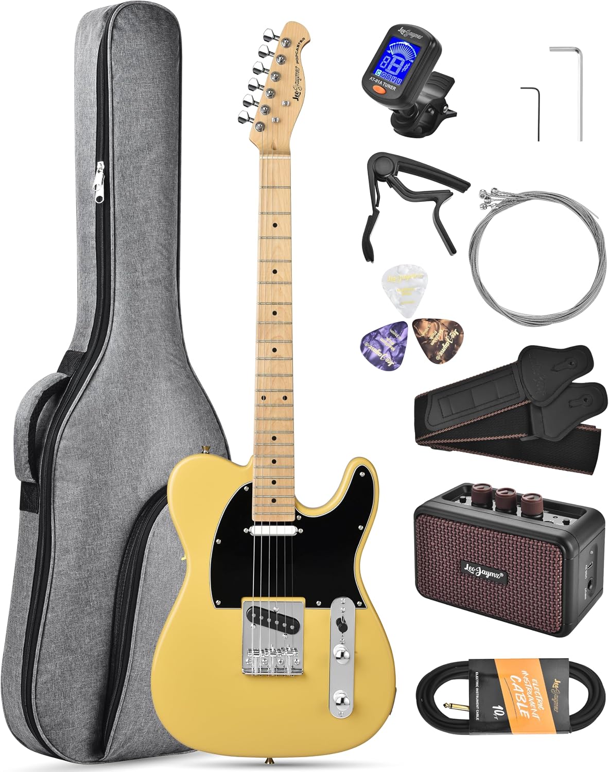 Leo Jaymz Beginner Electric Guitar Complete Kit with Portable Amp, Padded Gig Bag & Full Accessories, Maple Neck (TL-White)