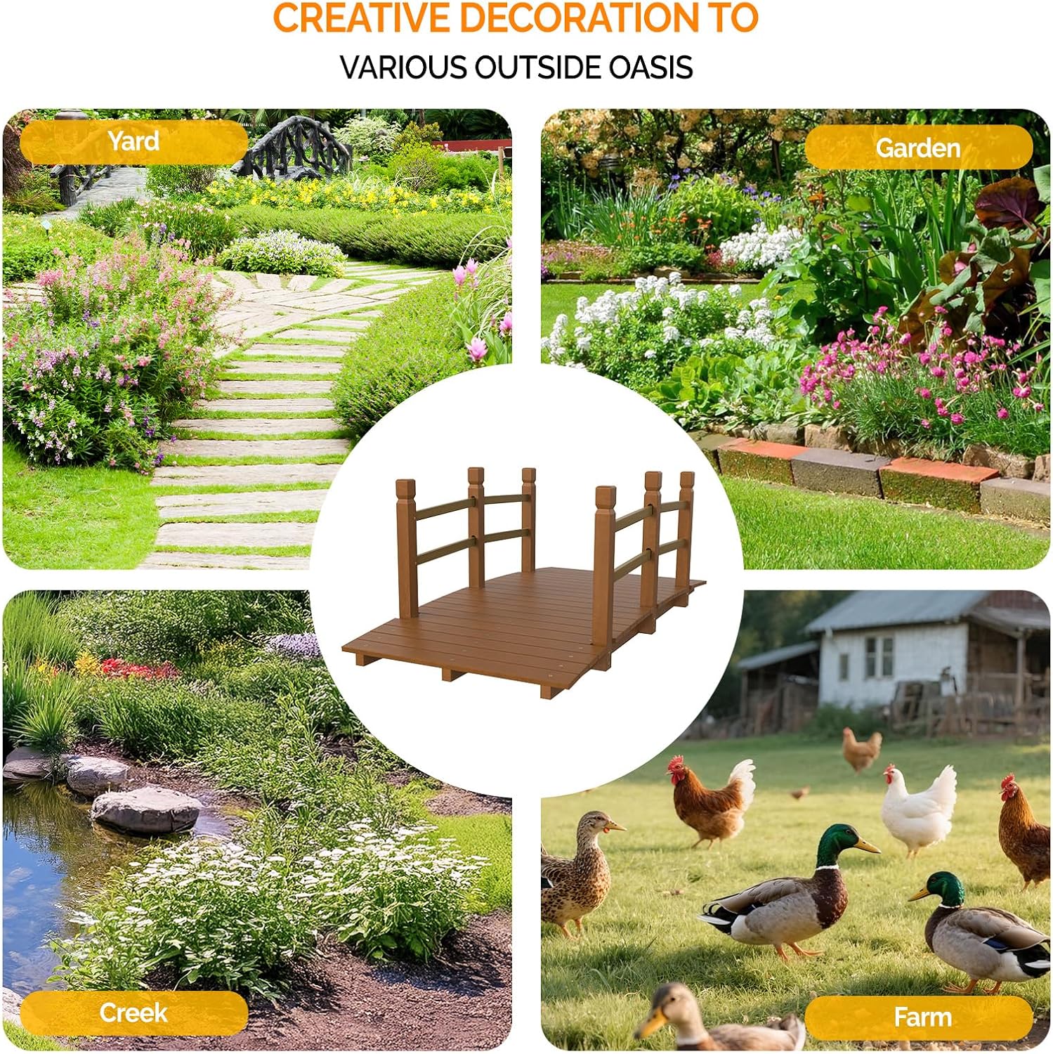 VINGLI 5 ft Garden Bridge, Classic Wooden Arch with Safety Rails Stained Finished Footbridge, Decorative Pond Landscaping, Backyard, Creek or Farm